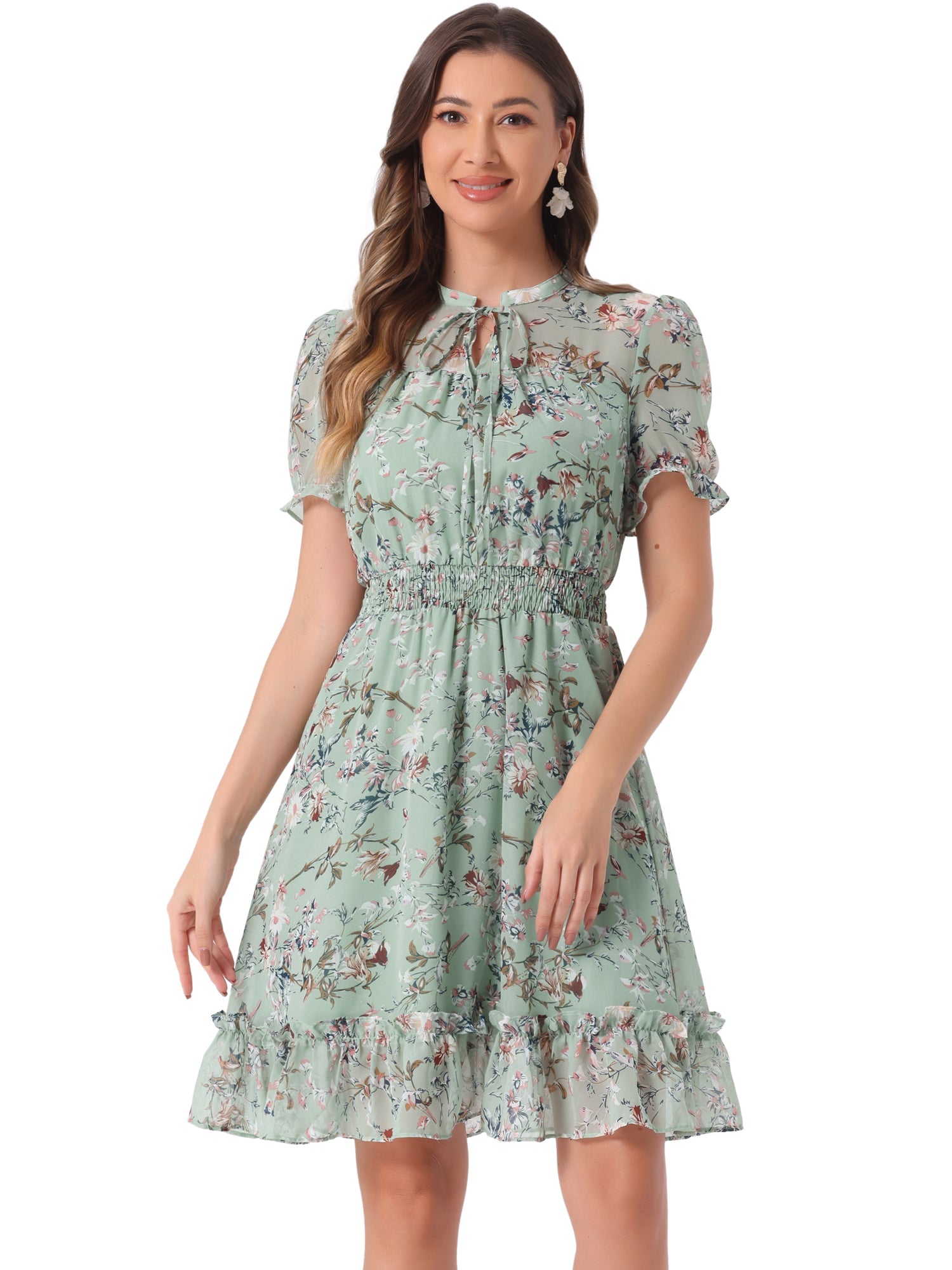 Floral Smocked Tie Neck Puff Sleeve Ruffle Chiffon Tiered Dress