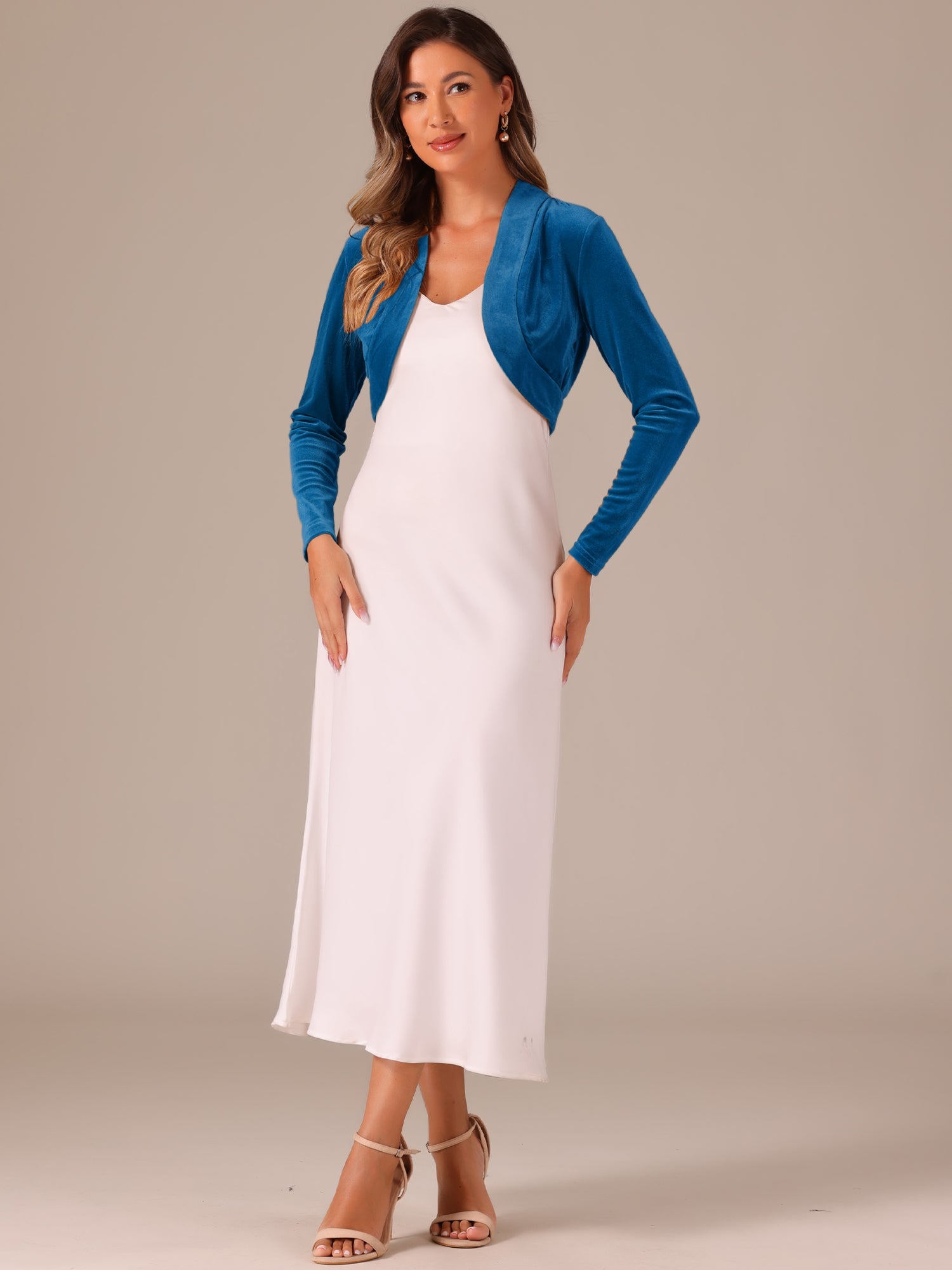 Open Front Velvet Long Sleeve Cropped Bolero Shrugs