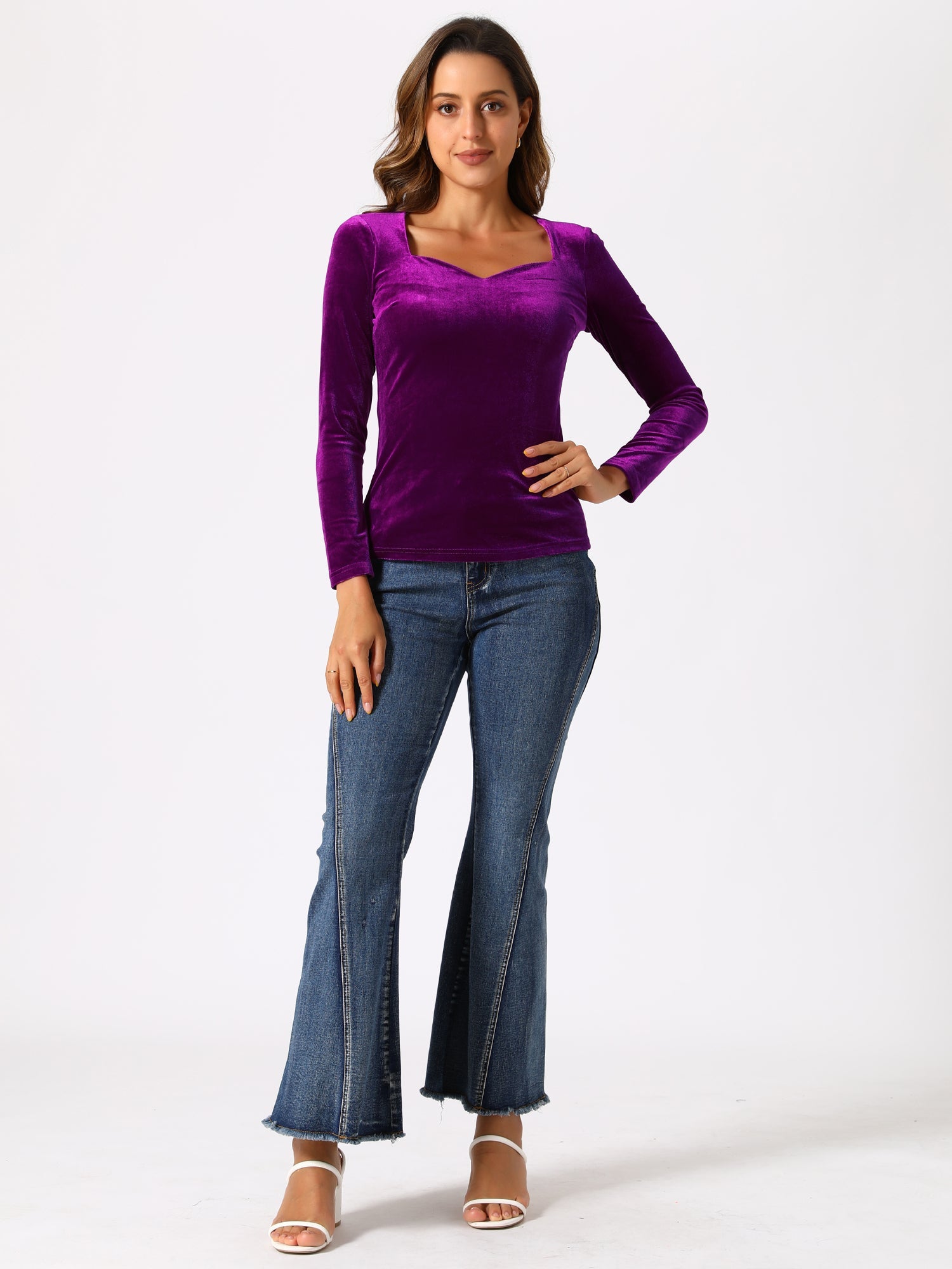 Casual Velvet Long Sleeve Solid Color Sweetheart Neck Blouse