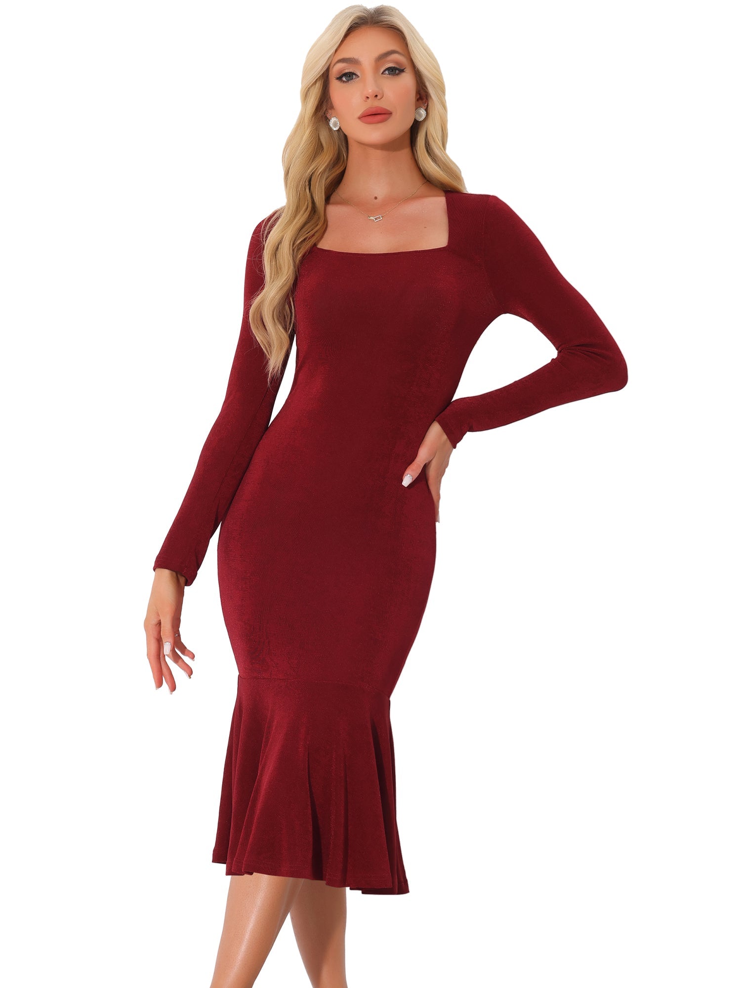 Square Neck Long Sleeve Bodycon Fishtail Midi Dress