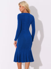 Square Neck Long Sleeve Bodycon Fishtail Midi Dress