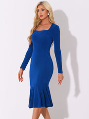 Square Neck Long Sleeve Bodycon Fishtail Midi Dress
