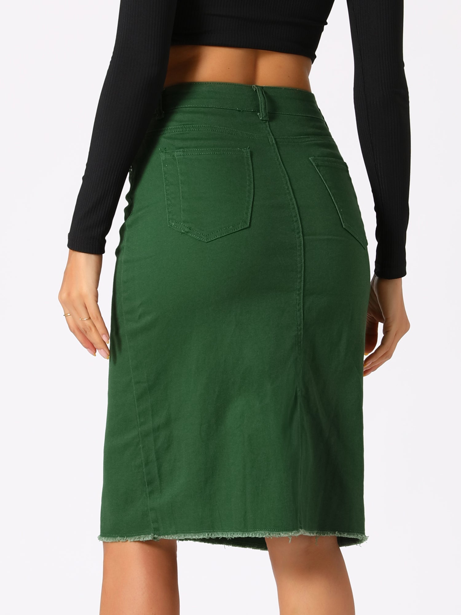 Casual High Waist Back Slit Stretch Denim Midi Skirt