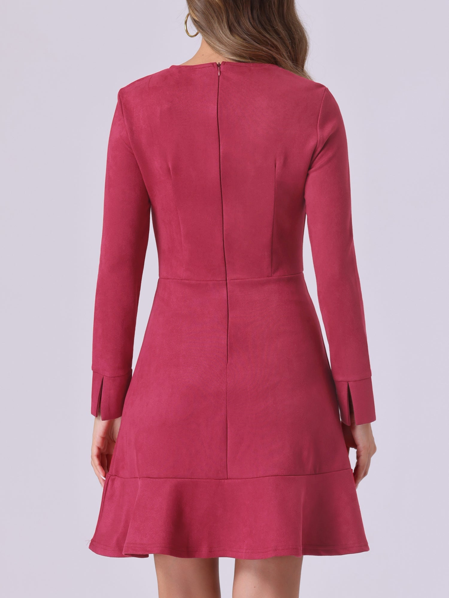 Faux Suede Round Neck Long Sleeve Ruffle Hem Party Mini Dress