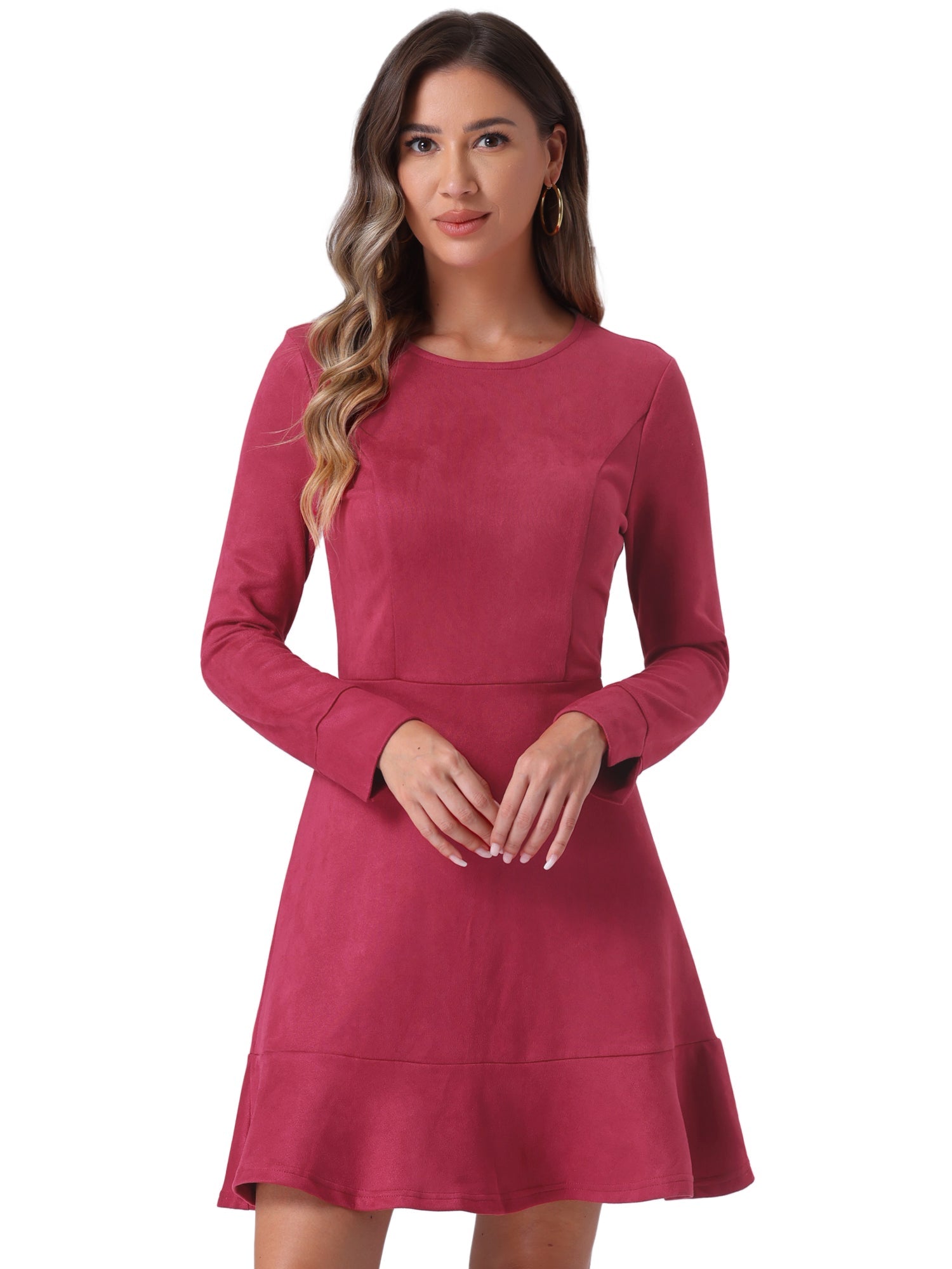 Faux Suede Round Neck Long Sleeve Ruffle Hem Party Mini Dress