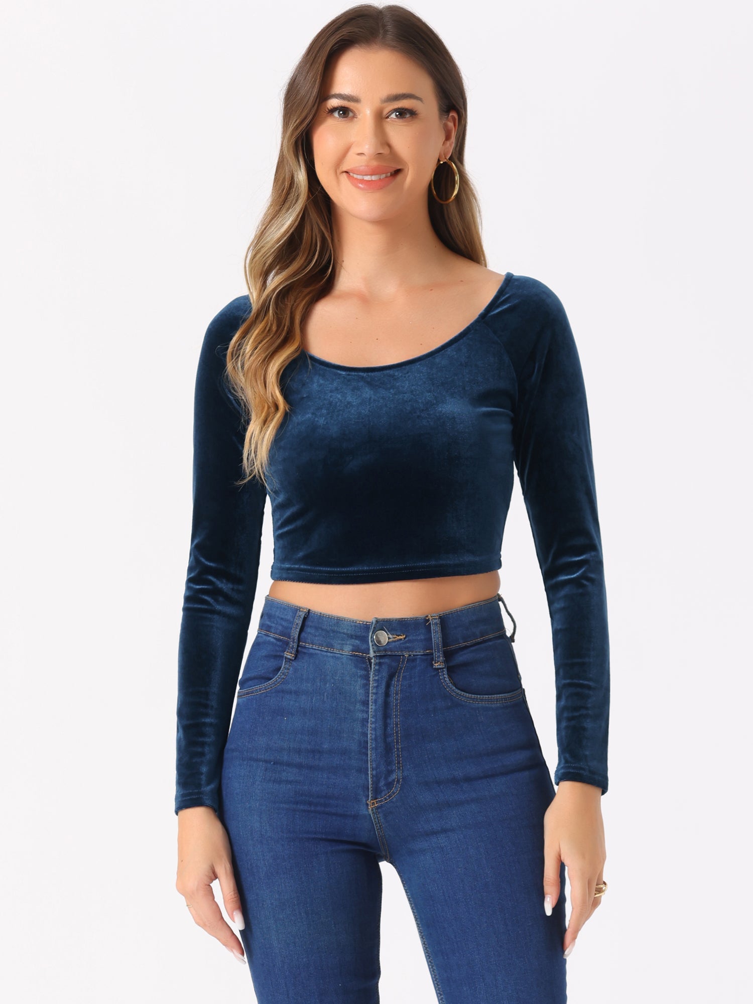 Velvet Long Sleeve Off Shoulder Solid Crop Top