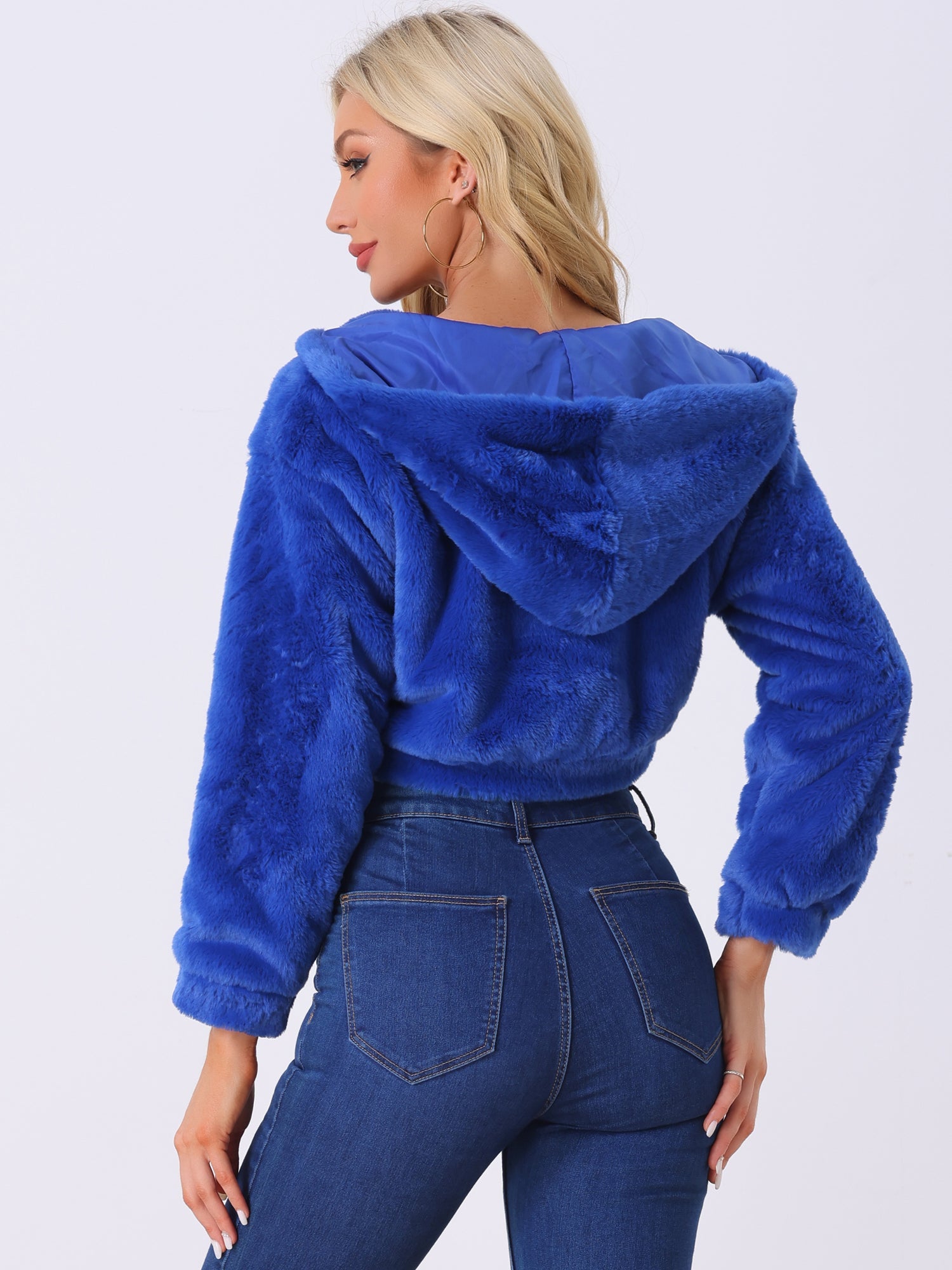 Casual Faux Fur Coat Zip Up Hooded Cropped Fuzzy Fleece Jacket