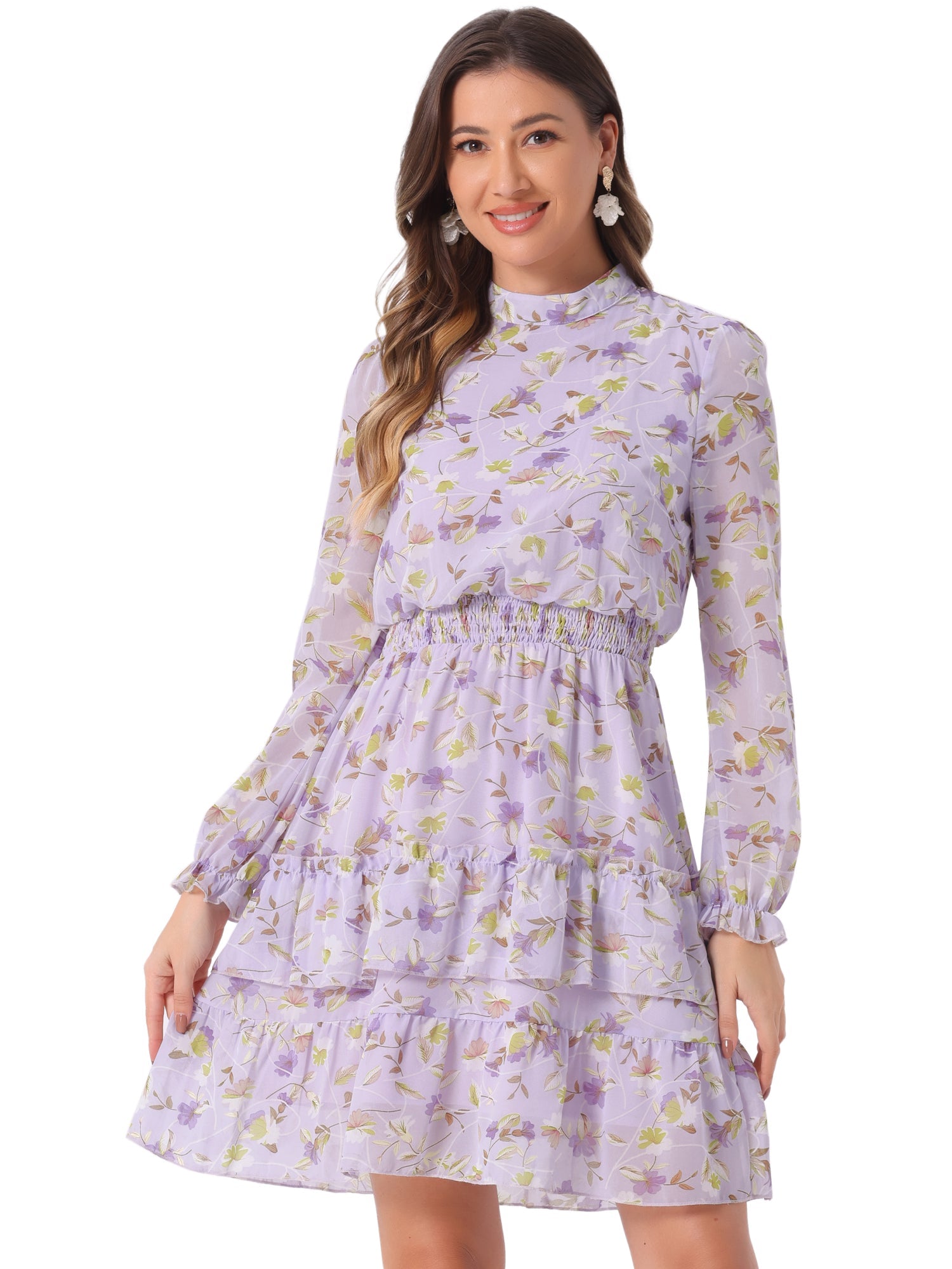 Floral Smocked Waist Sheer Sleeve Ruffle Layers Chiffon Dress