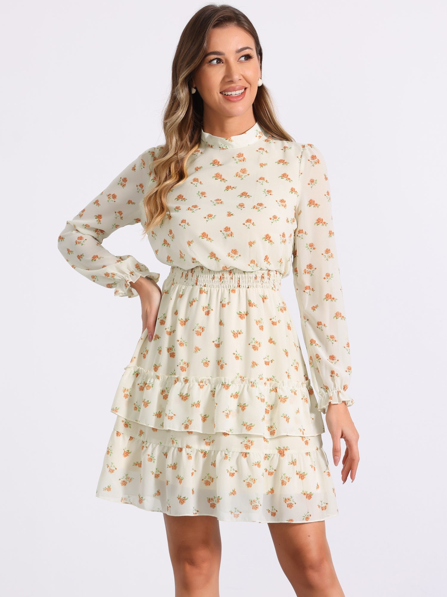 Floral Smocked Waist Sheer Sleeve Ruffle Layers Chiffon Dress