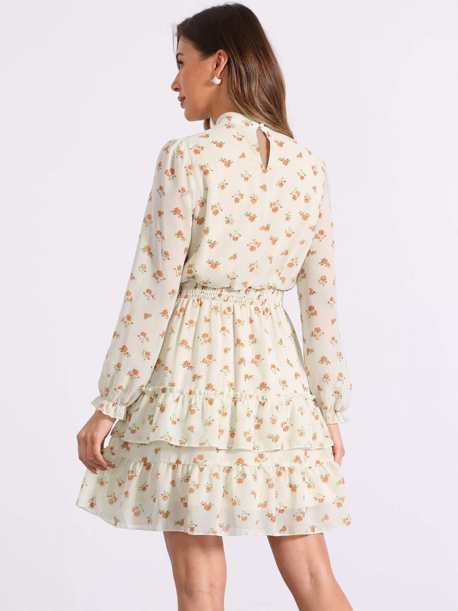 Floral Smocked Waist Sheer Sleeve Ruffle Layers Chiffon Dress