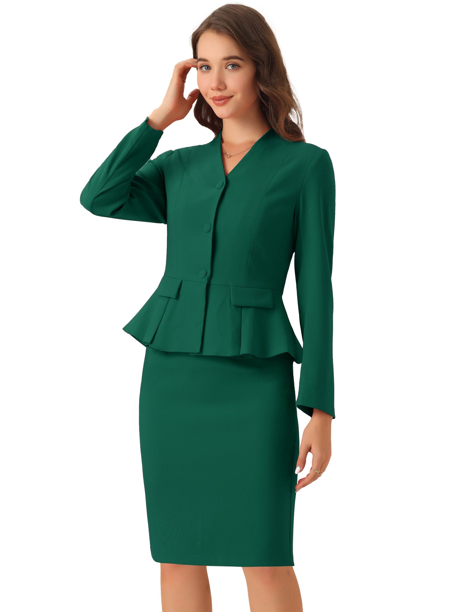 2 Piece Long Sleeve Collarless Peplum Blazer and Pencil Skirt Work Suit Set