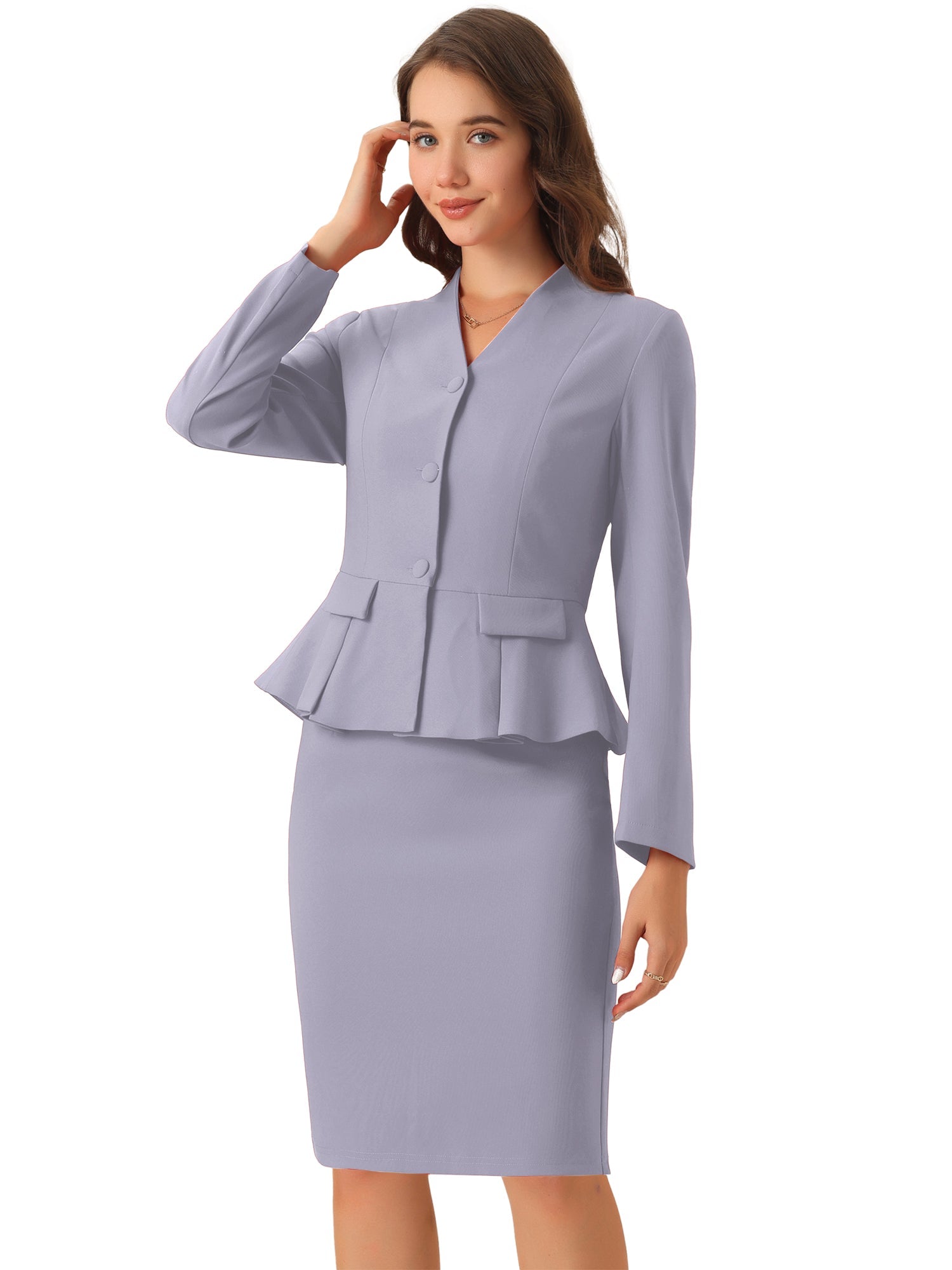 2 Piece Long Sleeve Collarless Peplum Blazer and Pencil Skirt Work Suit Set