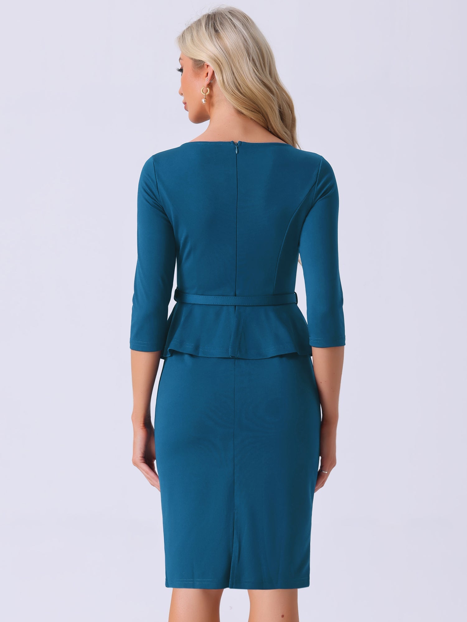 3/4 Sleeve Midi Bodycon Peplum Sheath Pencil Dress