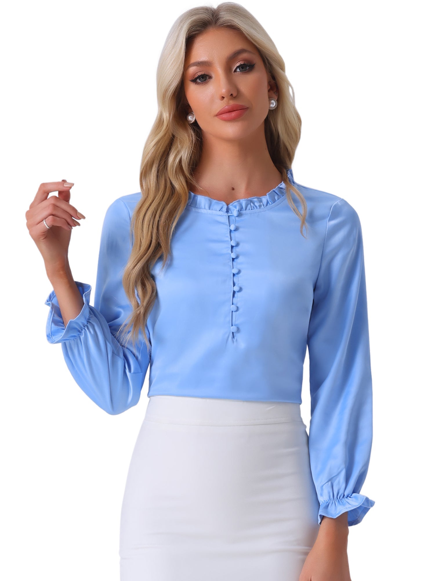Ruffle Neck Bubble Sleeve Elastic Cuff Button Satin Blouse
