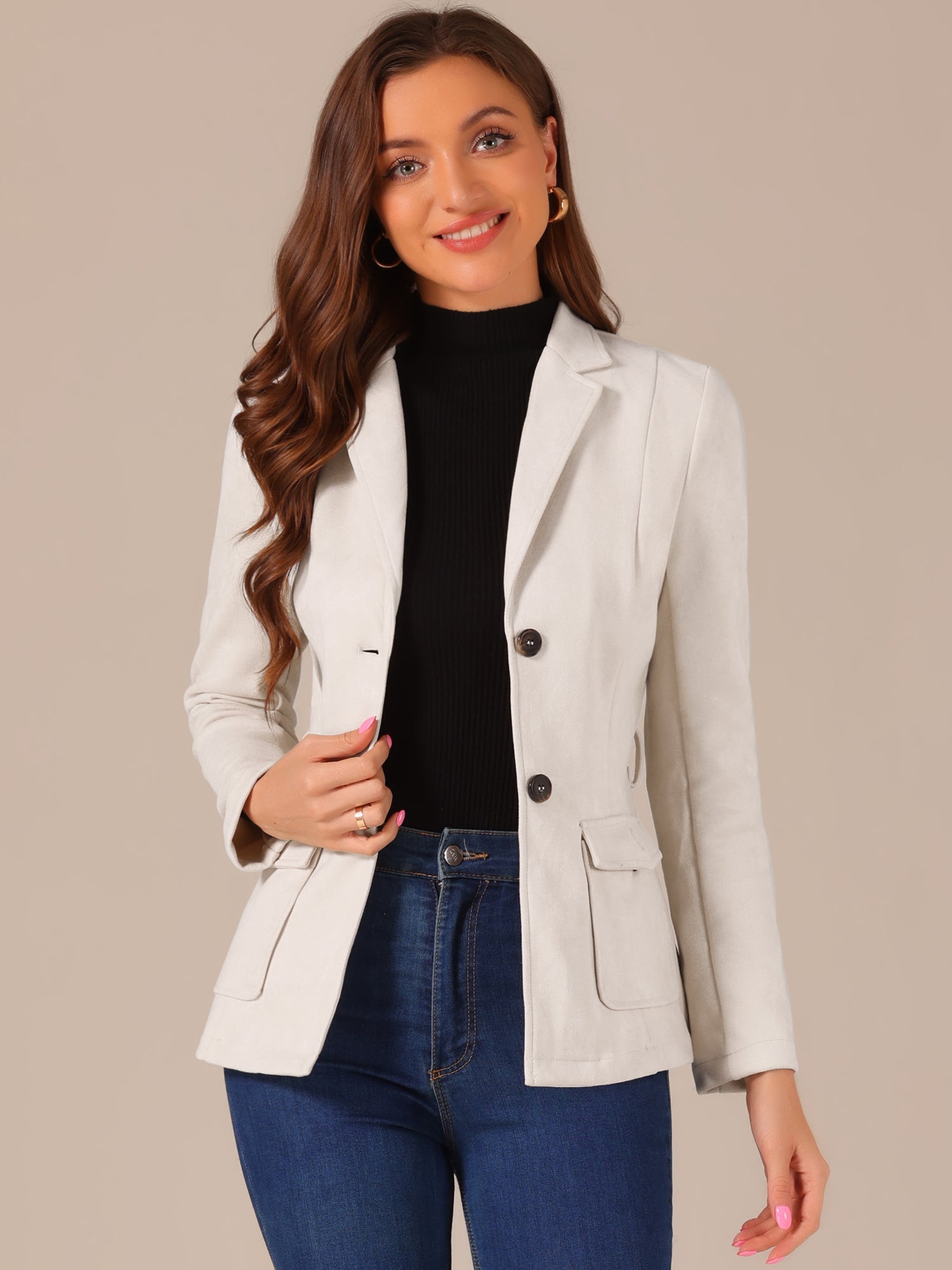 Faux Suede Blazer Belted Lapel Outwear Single Breasted Work Jacket