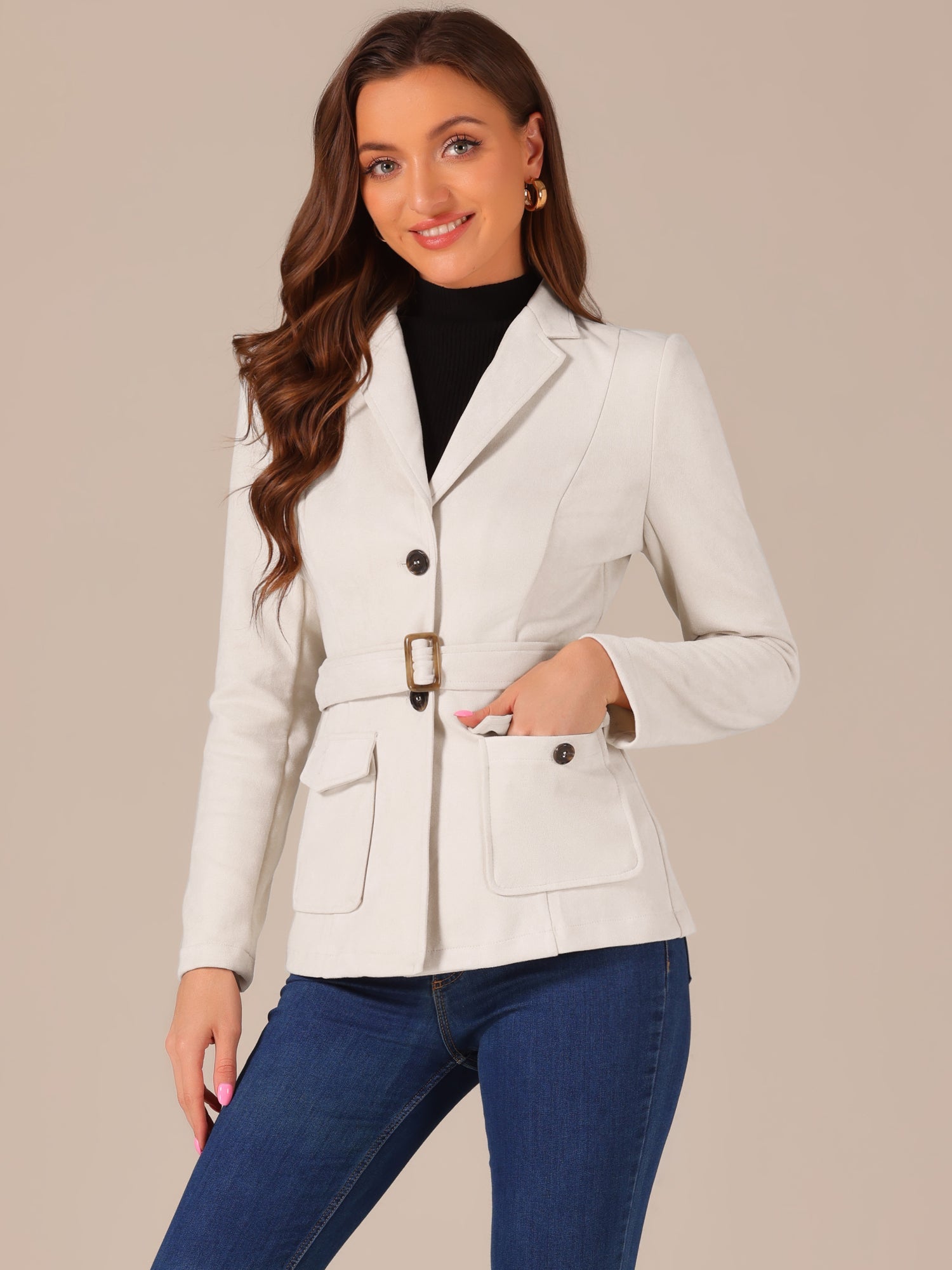 Faux Suede Blazer Belted Lapel Outwear Single Breasted Work Jacket