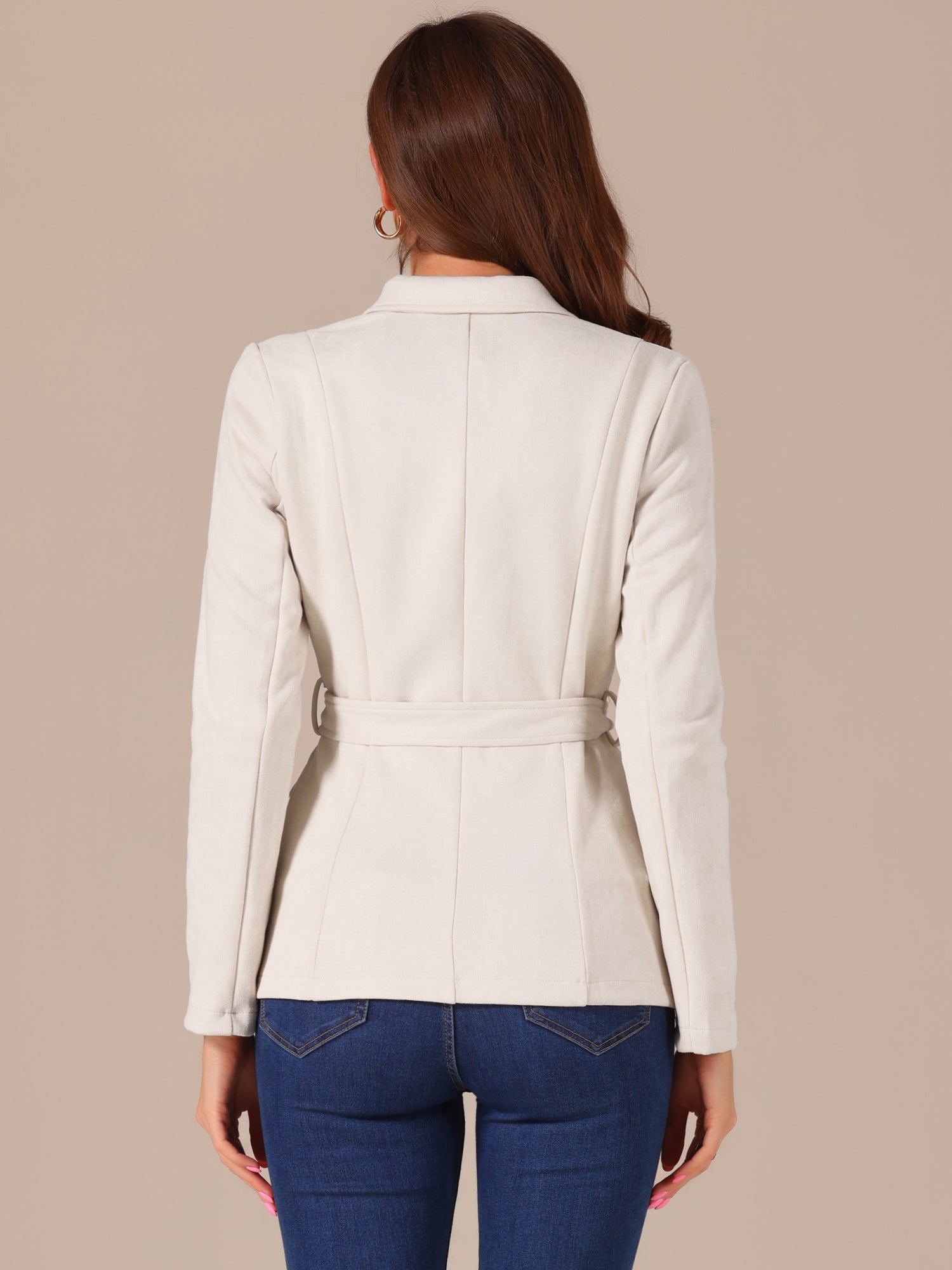Faux Suede Blazer Belted Lapel Outwear Single Breasted Work Jacket