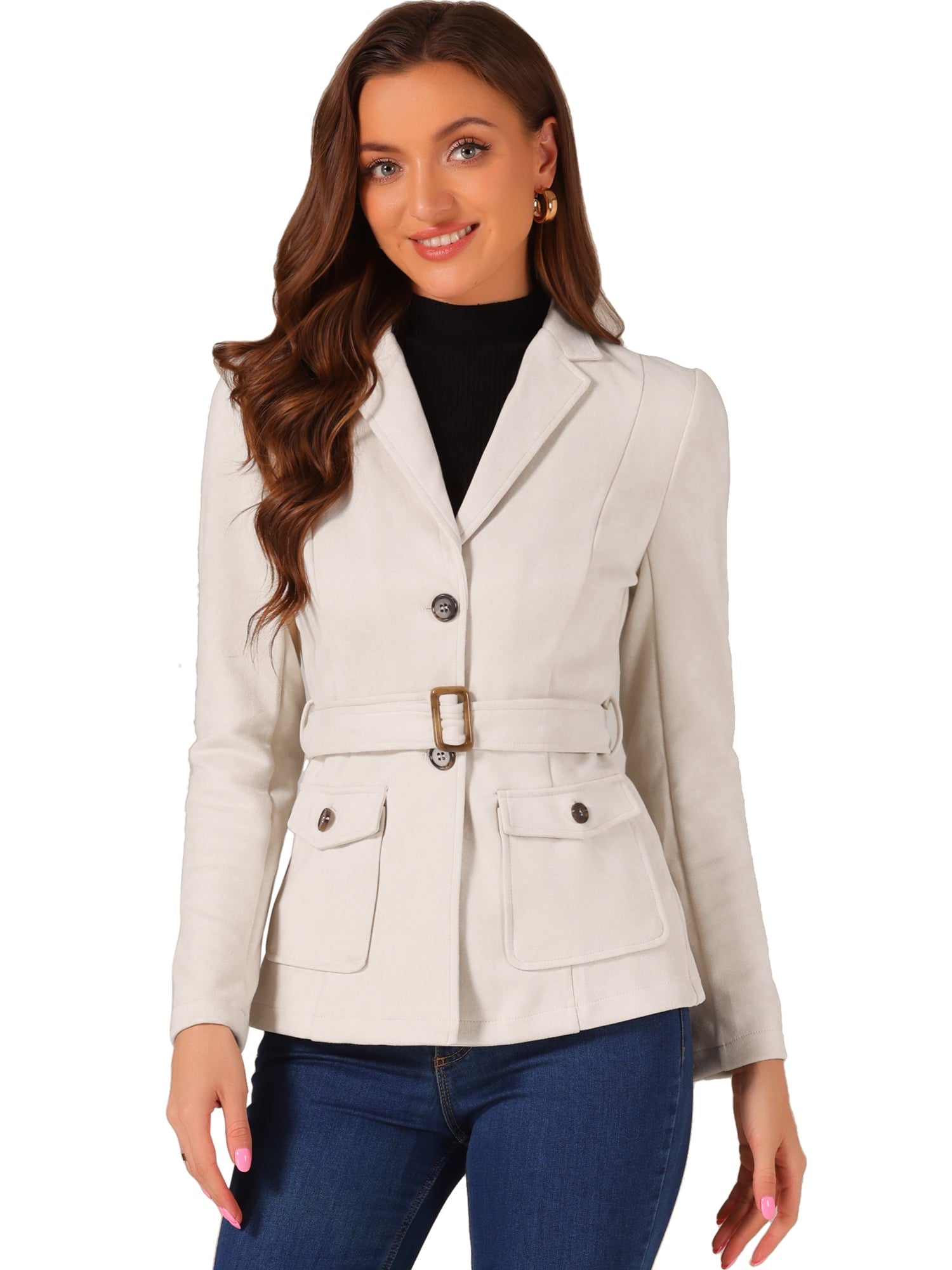Faux Suede Blazer Belted Lapel Outwear Single Breasted Work Jacket