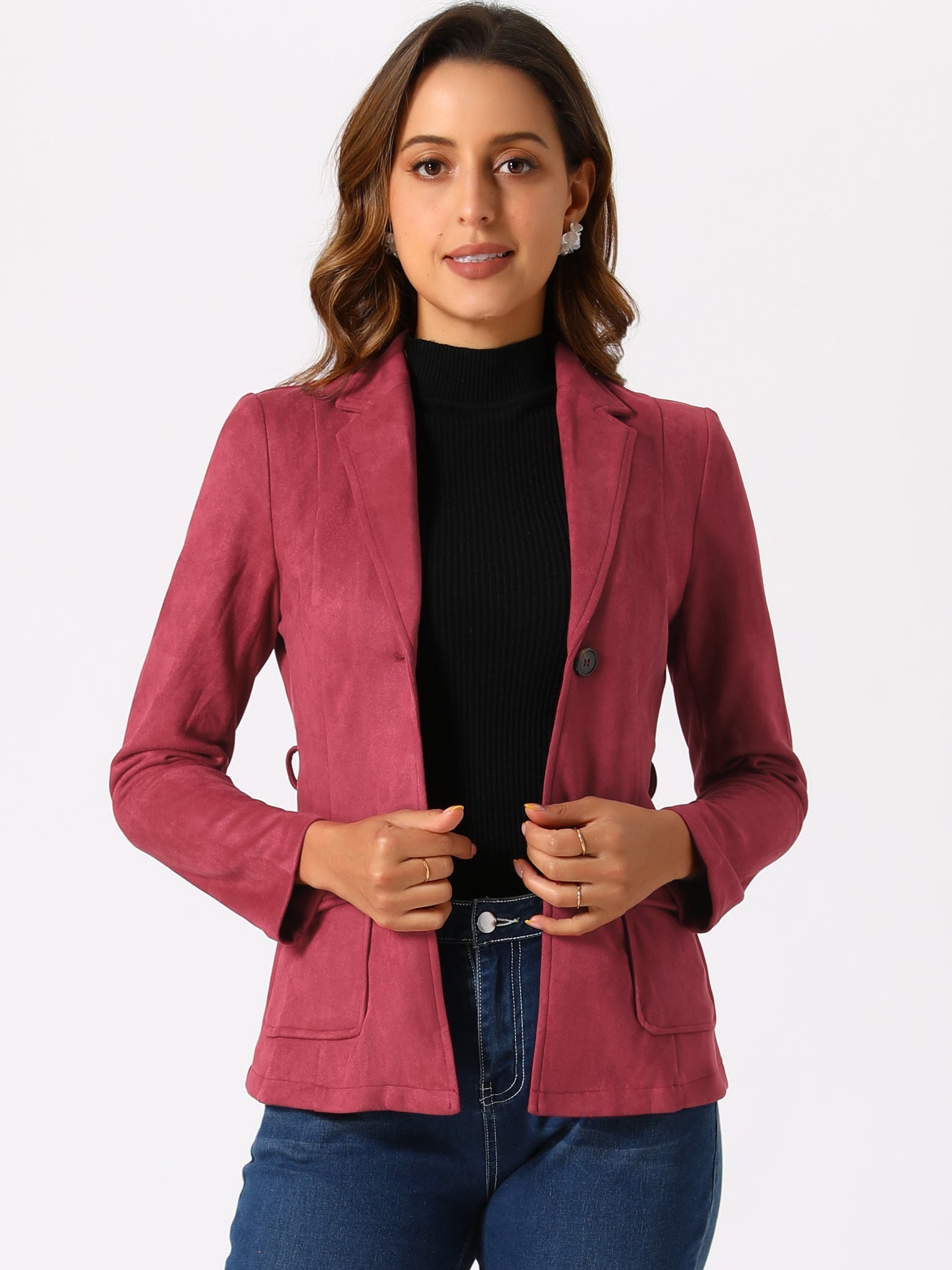 Faux Suede Blazer Belted Lapel Outwear Single Breasted Work Jacket