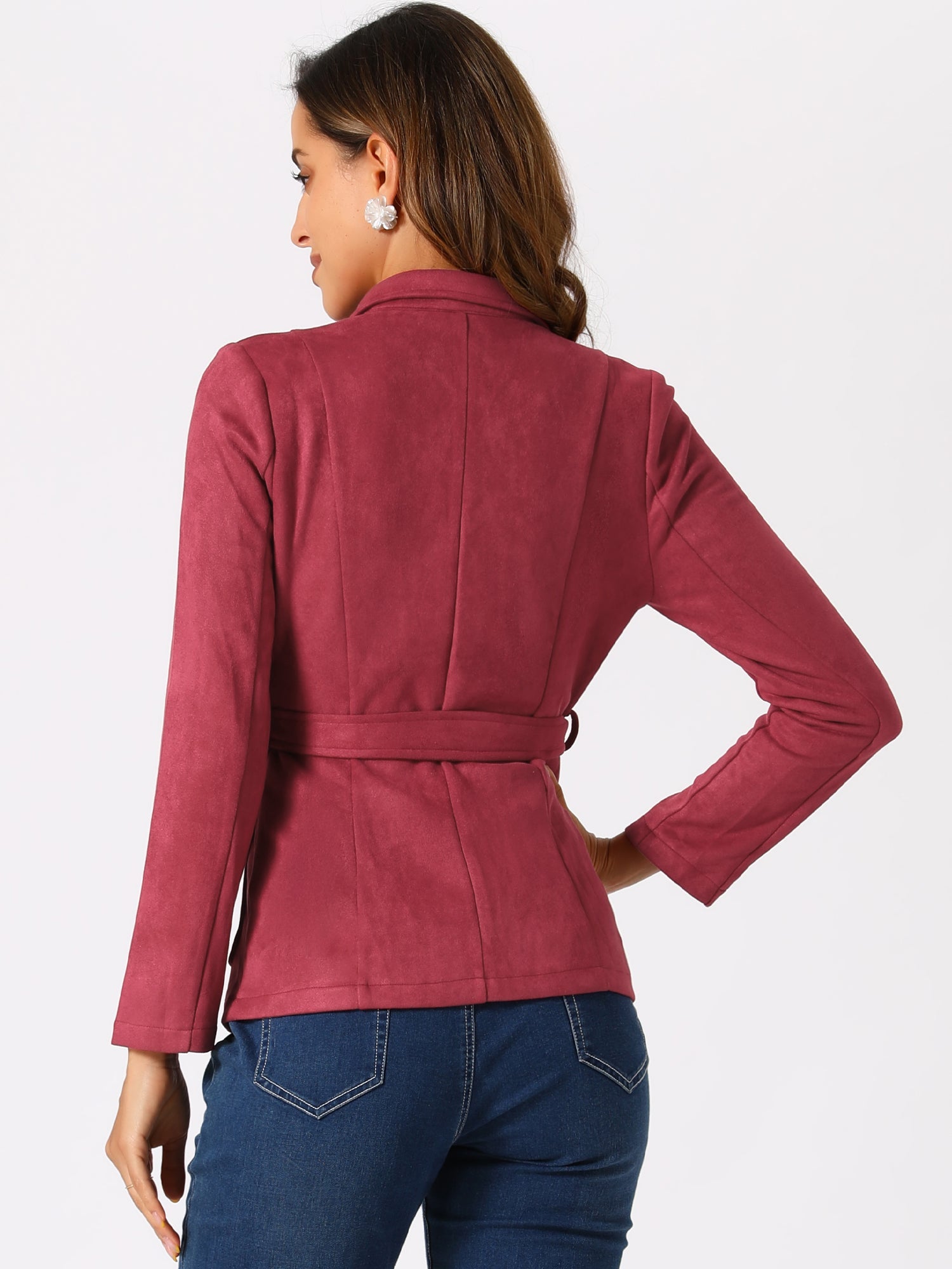 Faux Suede Blazer Belted Lapel Outwear Single Breasted Work Jacket