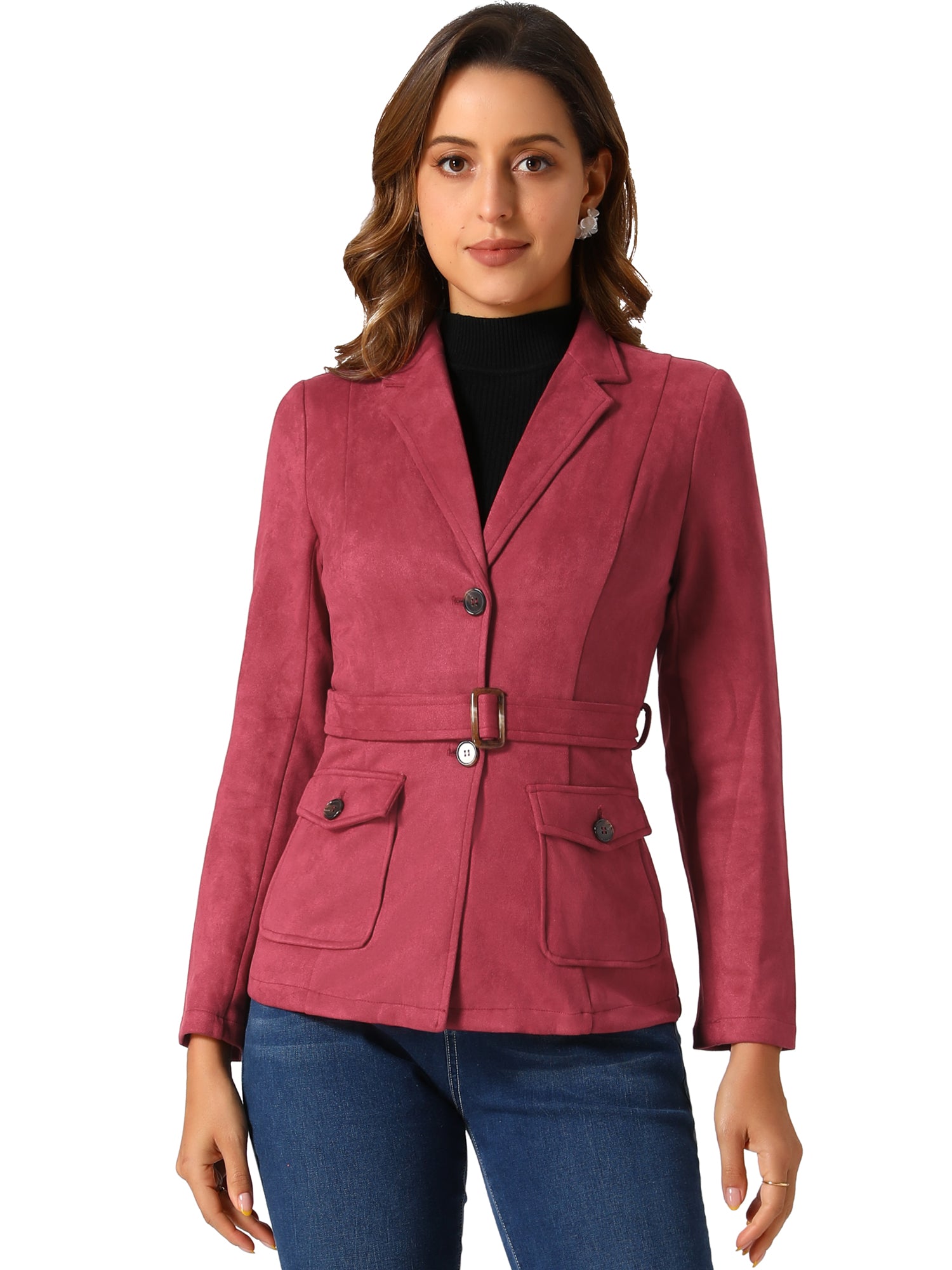 Faux Suede Blazer Belted Lapel Outwear Single Breasted Work Jacket
