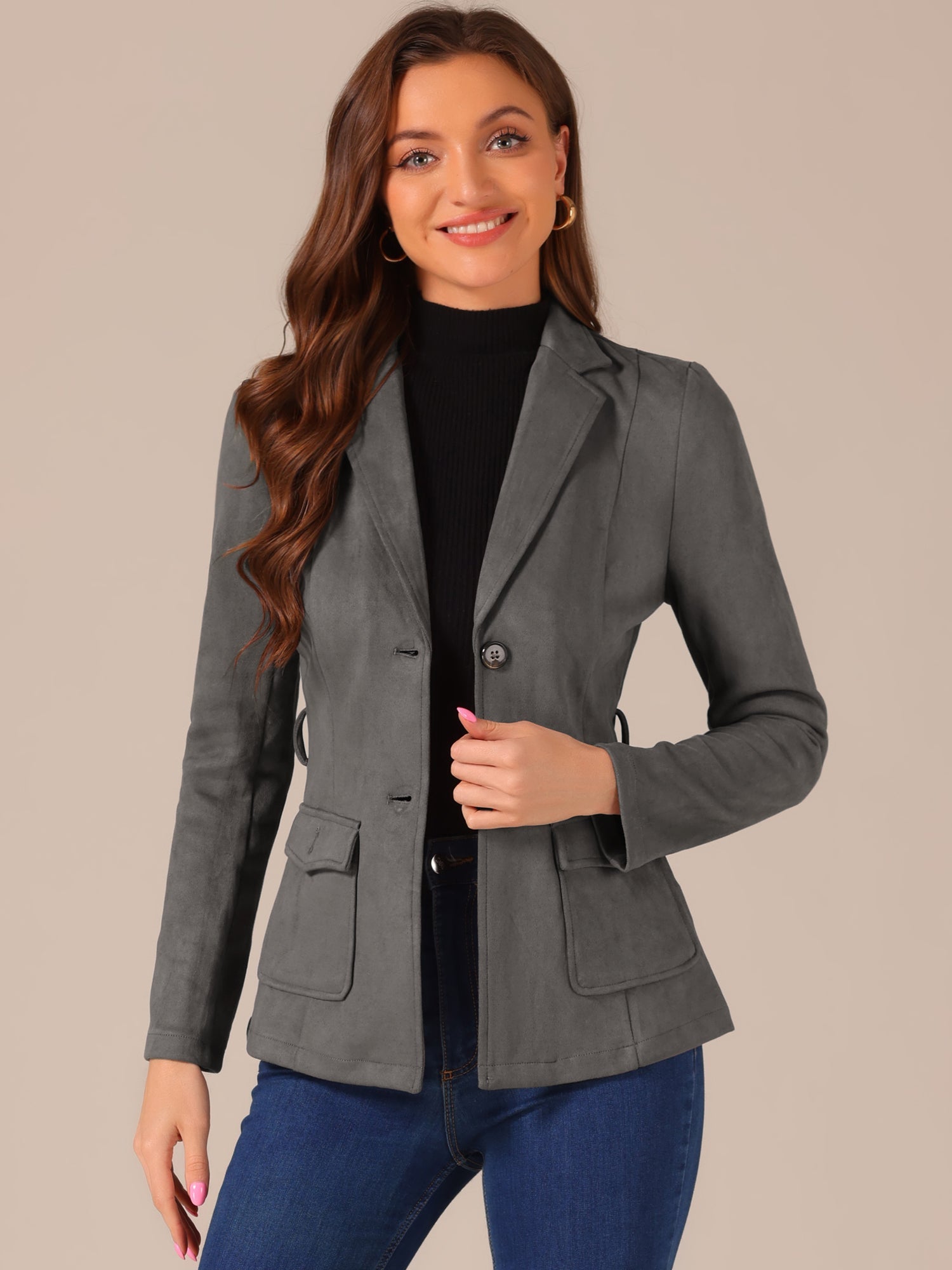 Faux Suede Blazer Belted Lapel Outwear Single Breasted Work Jacket