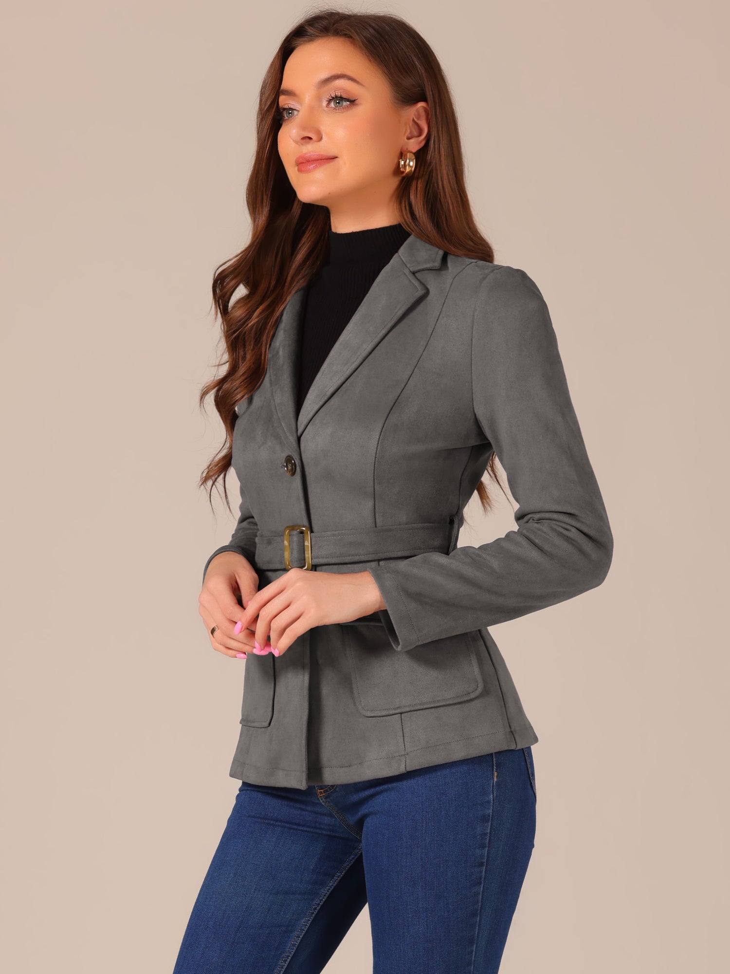 Faux Suede Blazer Belted Lapel Outwear Single Breasted Work Jacket