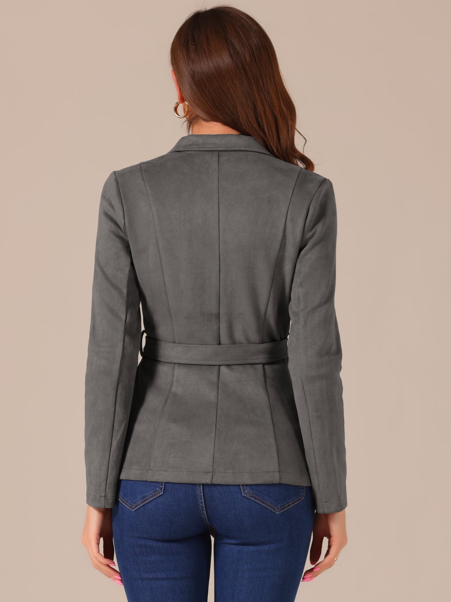 Faux Suede Blazer Belted Lapel Outwear Single Breasted Work Jacket