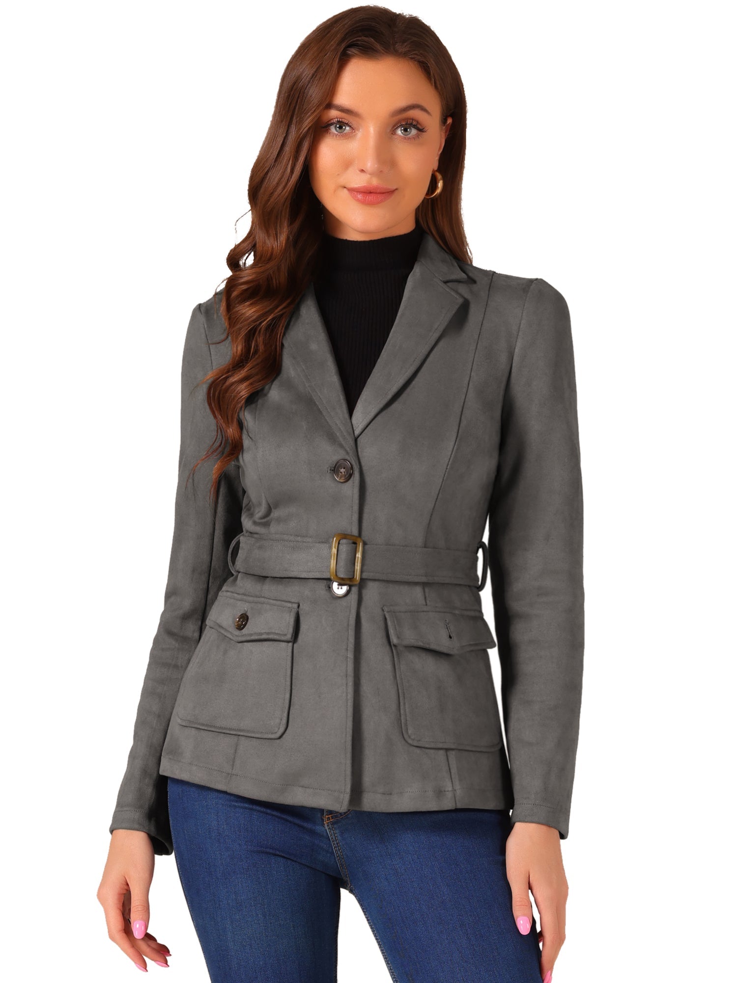 Faux Suede Blazer Belted Lapel Outwear Single Breasted Work Jacket