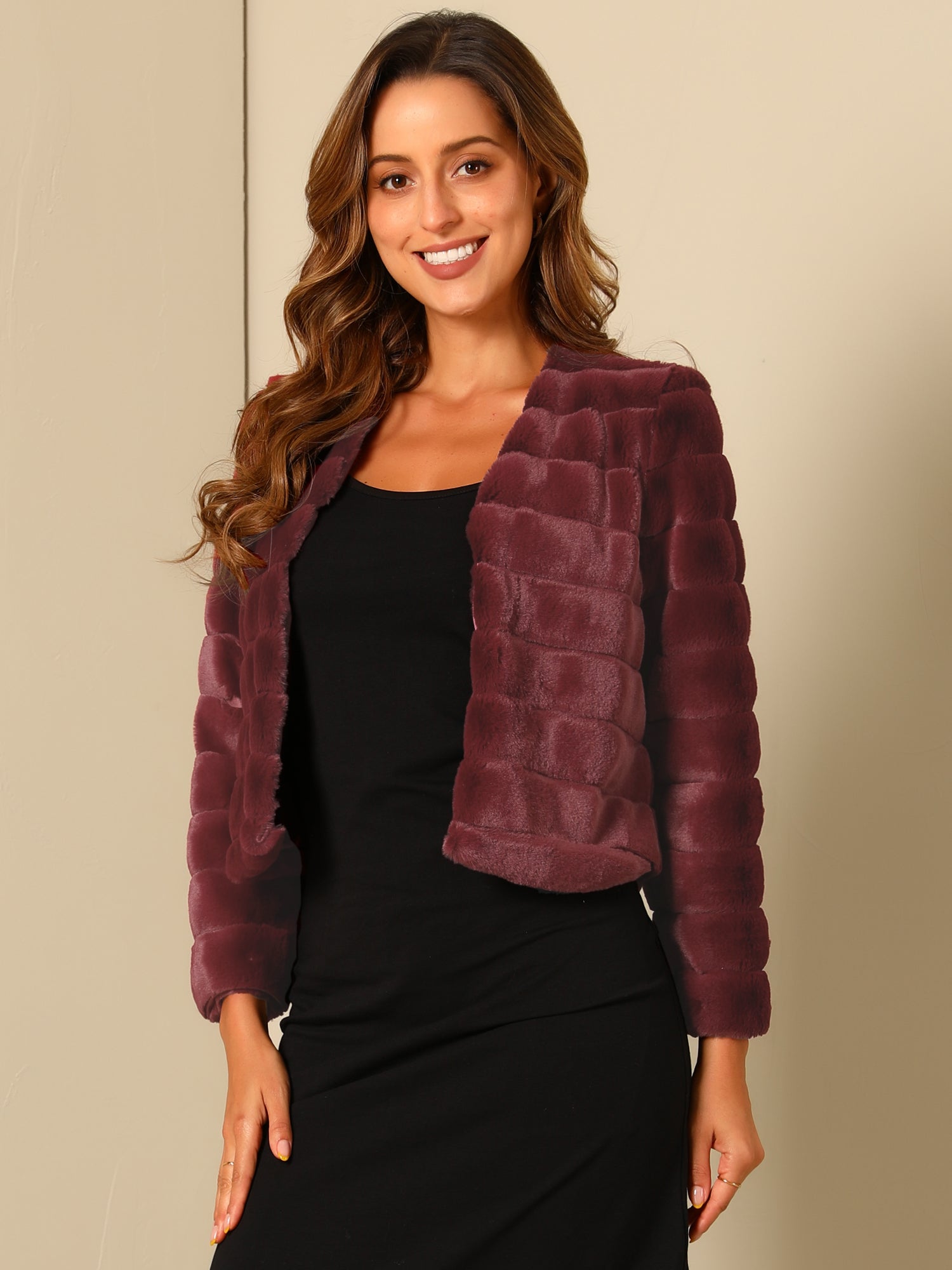 Winter Warm Cropped Collarless Faux Fur Fluffy Jacket