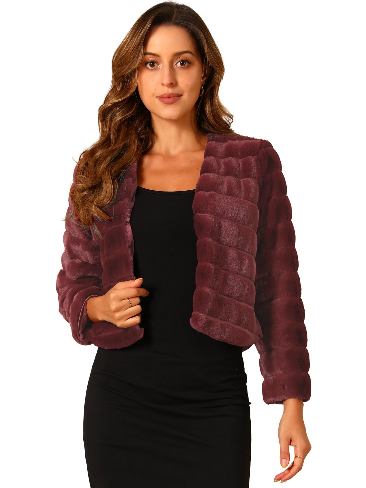Winter Warm Cropped Collarless Faux Fur Fluffy Jacket