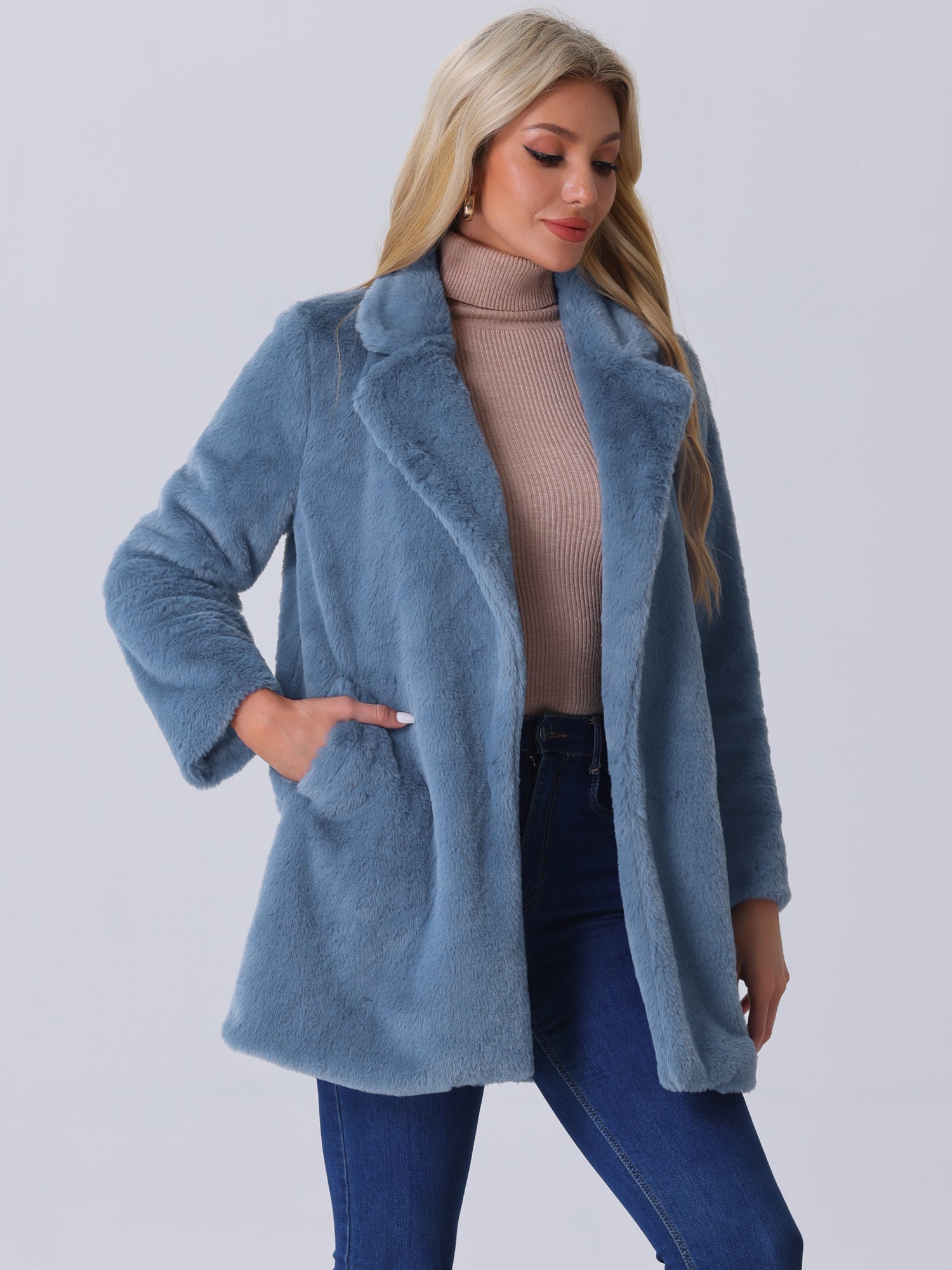 Lapel Collar Faux Fur Fuzzy Winter Warm Pockets Coat