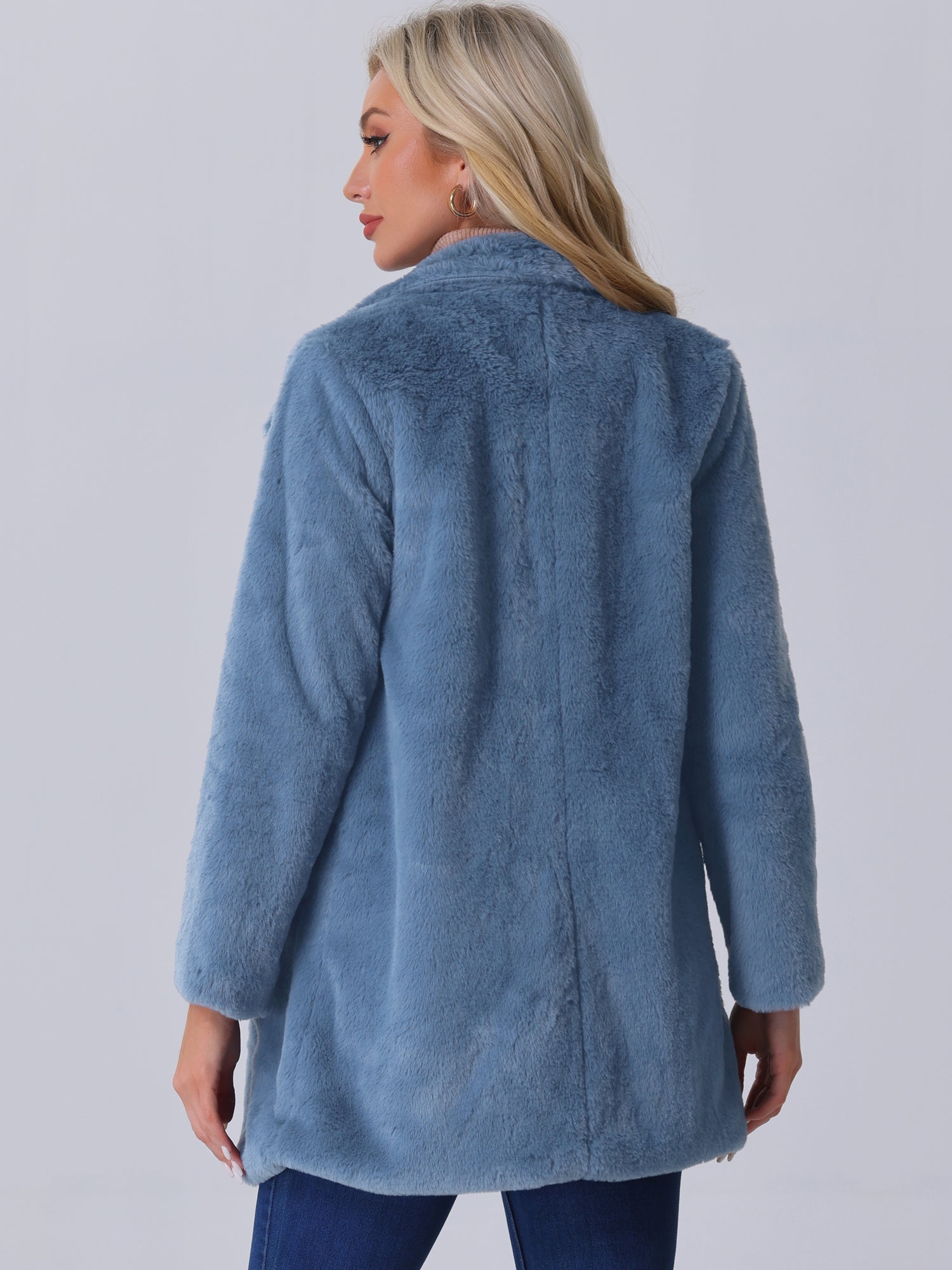Lapel Collar Faux Fur Fuzzy Winter Warm Pockets Coat