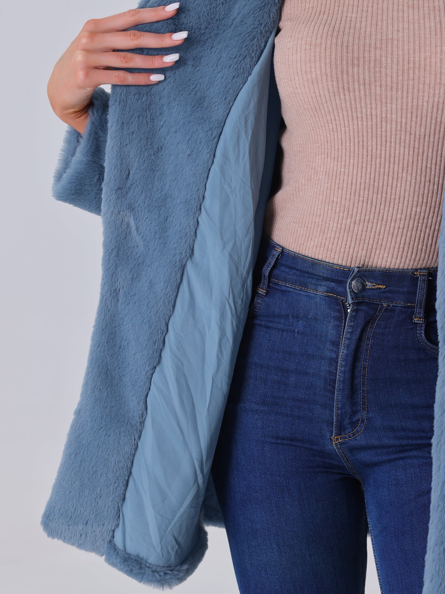 Lapel Collar Faux Fur Fuzzy Winter Warm Pockets Coat