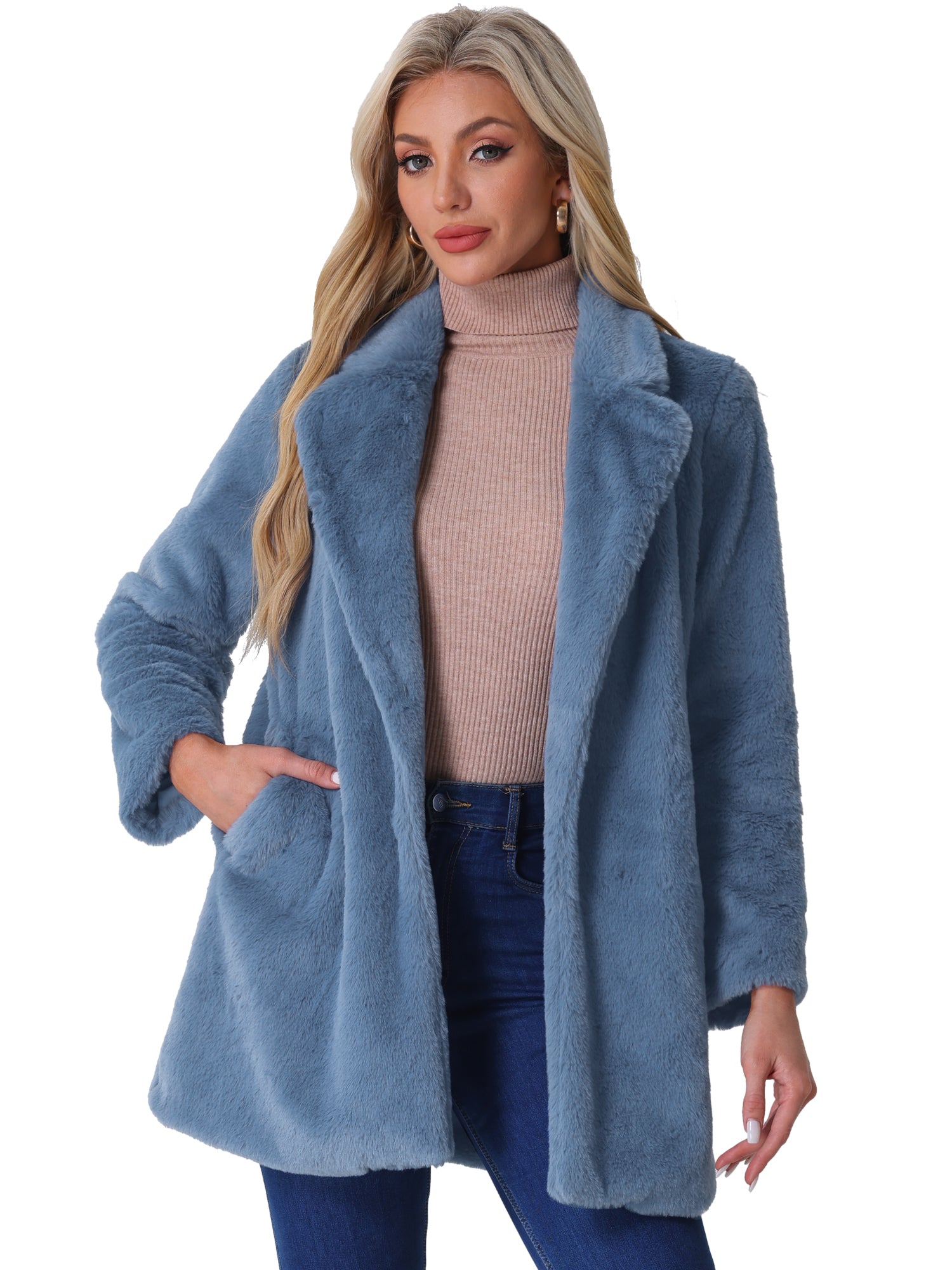 Lapel Collar Faux Fur Fuzzy Winter Warm Pockets Coat