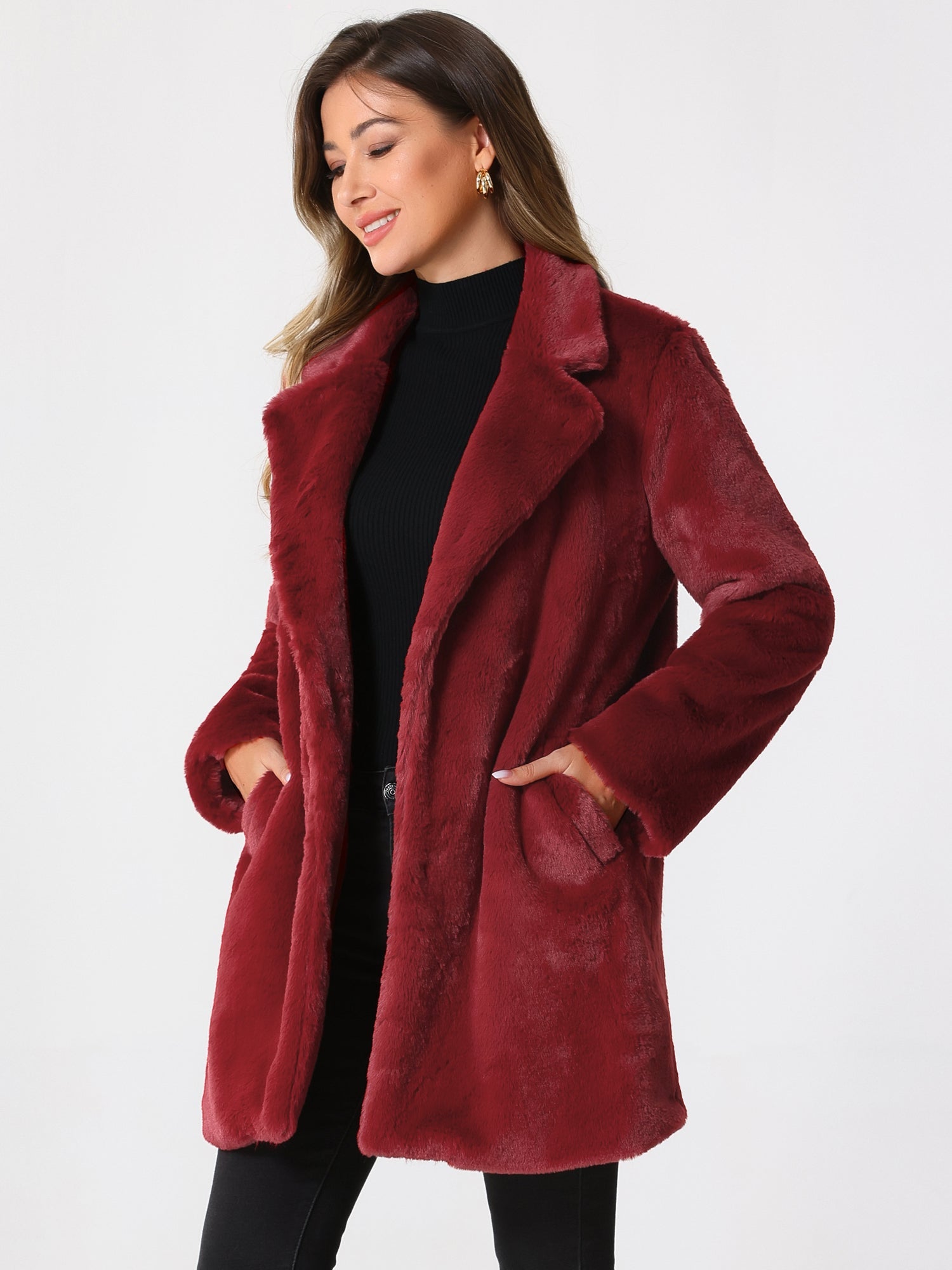 Lapel Collar Faux Fur Fuzzy Winter Warm Pockets Coat