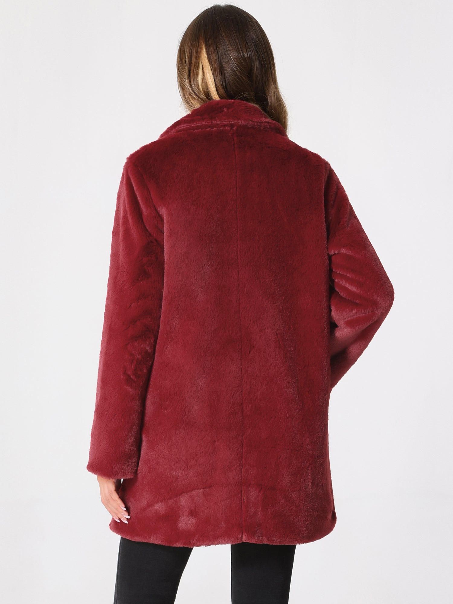 Lapel Collar Faux Fur Fuzzy Winter Warm Pockets Coat