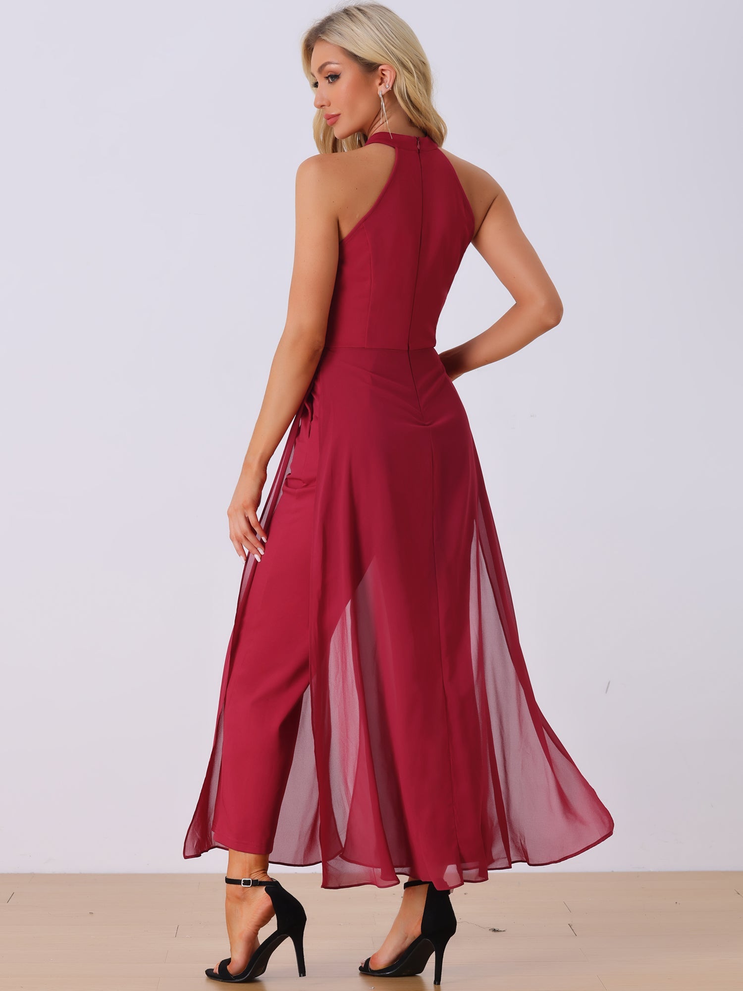 Sleeveless Halter Neck Belted Elegant Wedding Cocktail Dressy Jumpsuits