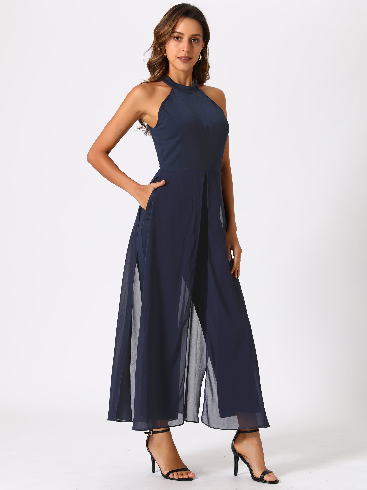 Sleeveless Halter Neck Belted Elegant Wedding Cocktail Dressy Jumpsuits