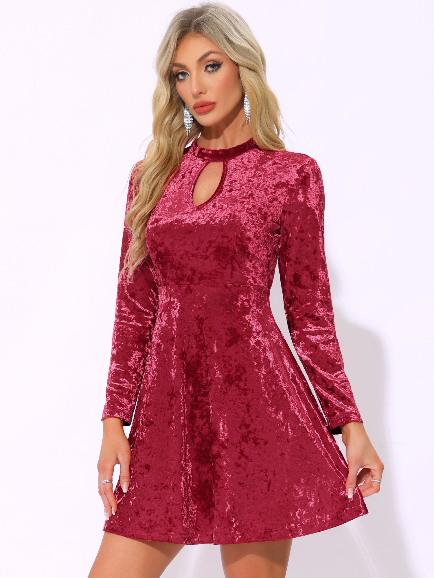 Keyhole Neck High Waist Long Sleeve Velvet Swing Mini Dress