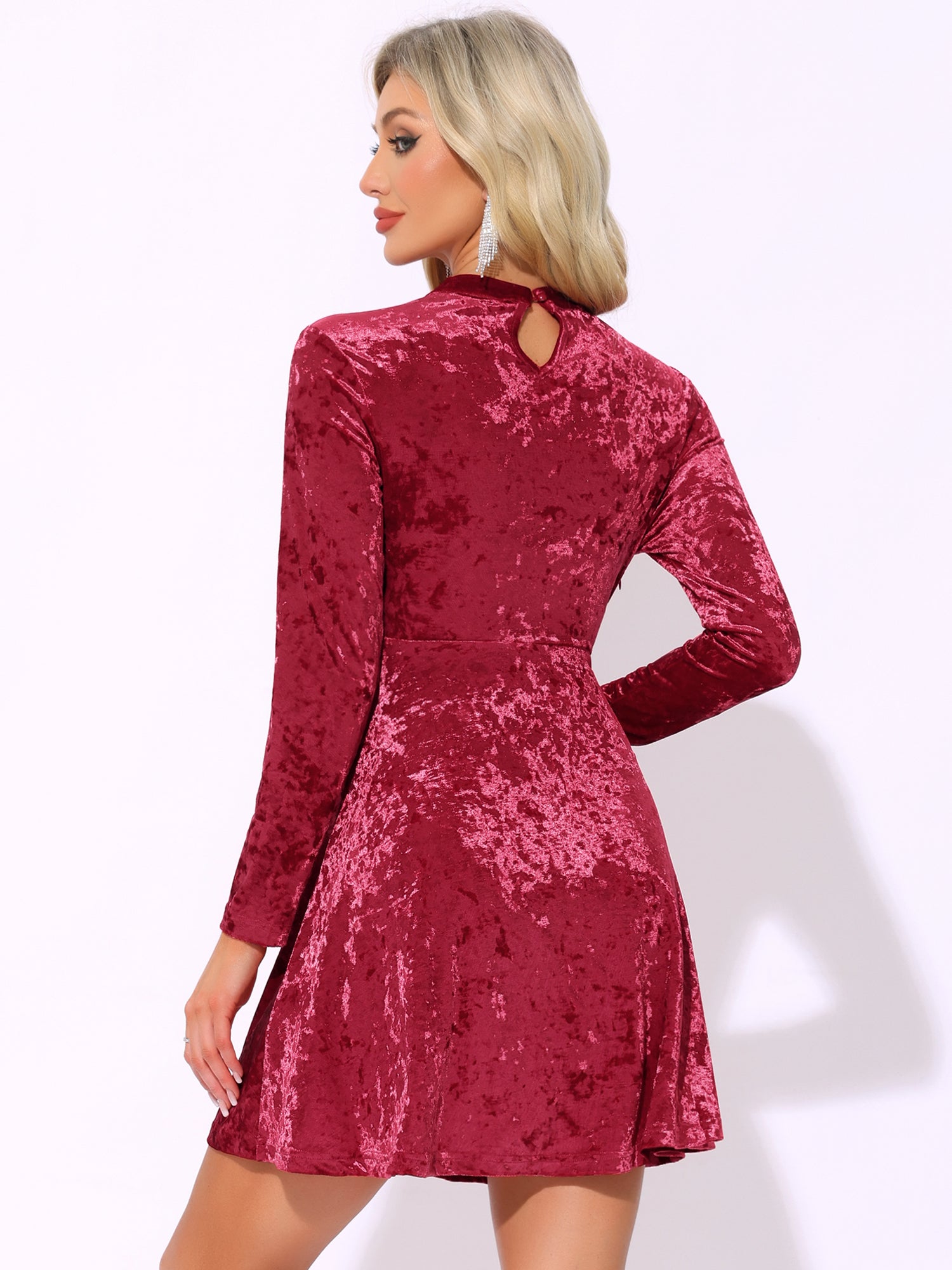 Keyhole Neck High Waist Long Sleeve Velvet Swing Mini Dress