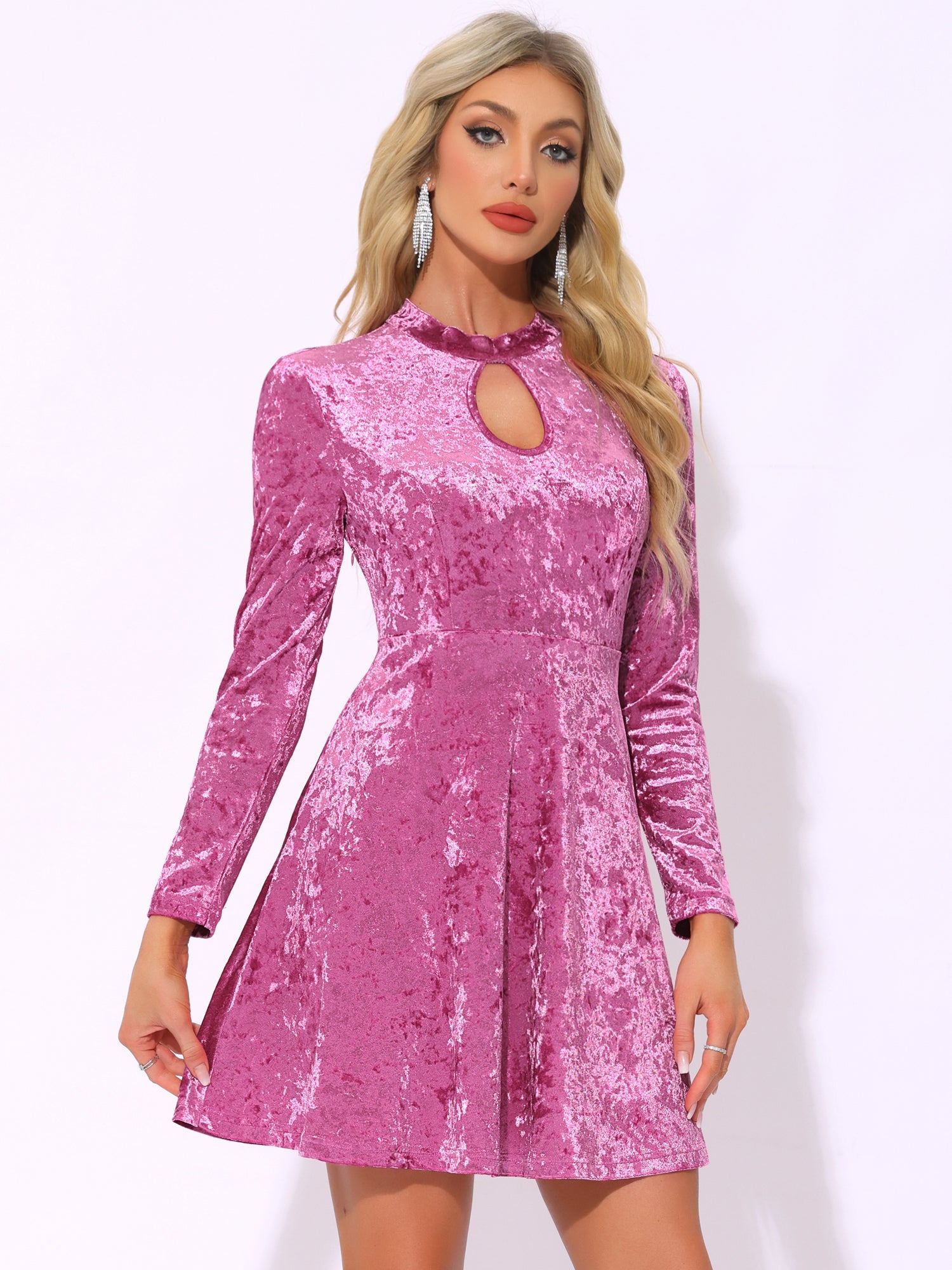 Keyhole Neck High Waist Long Sleeve Velvet Swing Mini Dress