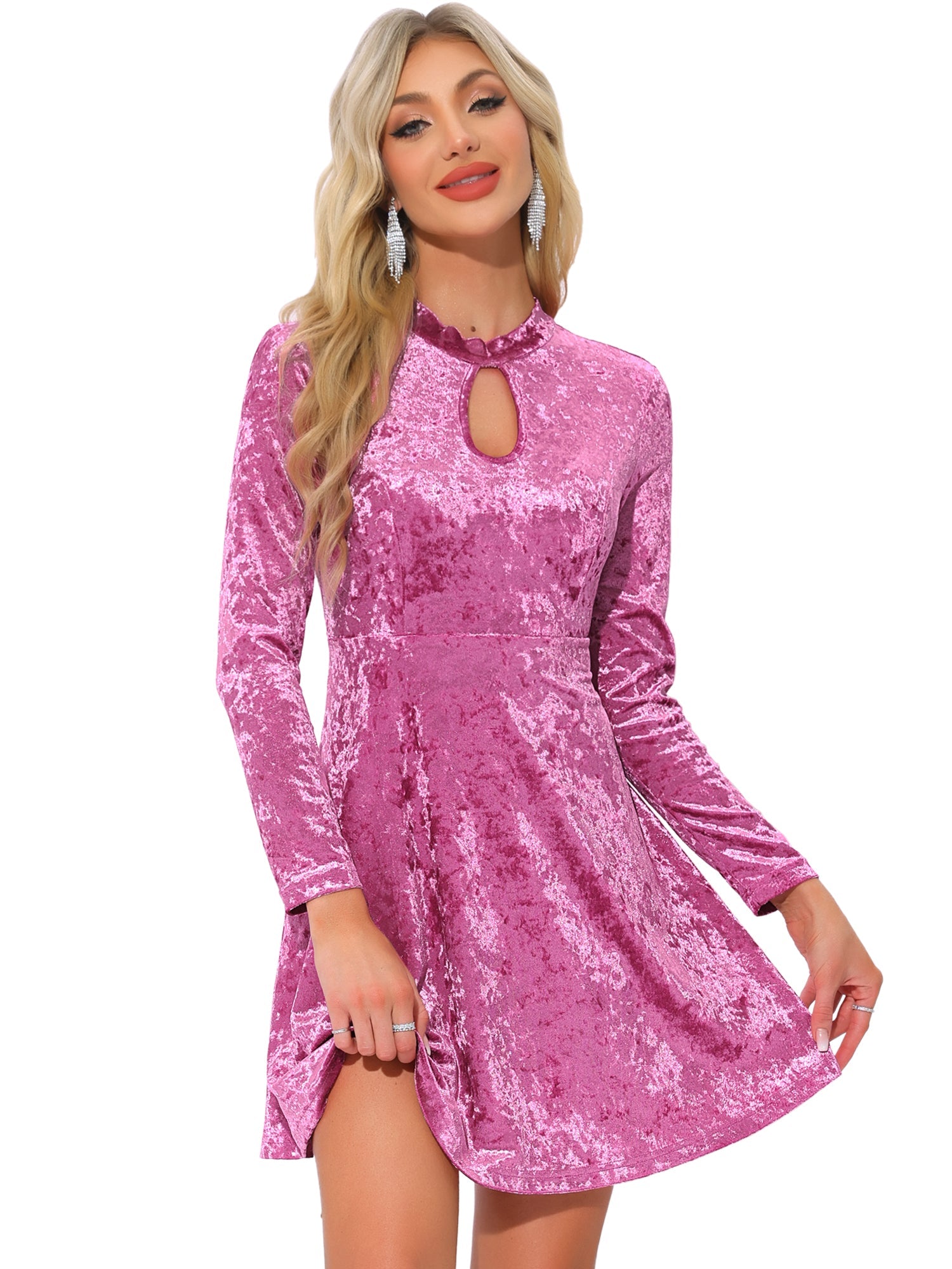 Keyhole Neck High Waist Long Sleeve Velvet Swing Mini Dress