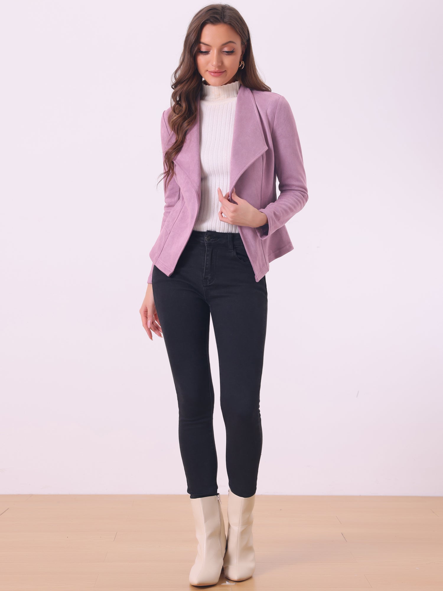 Faux Suede Jacket Open Front Lapel Draped Outwear Cardigan