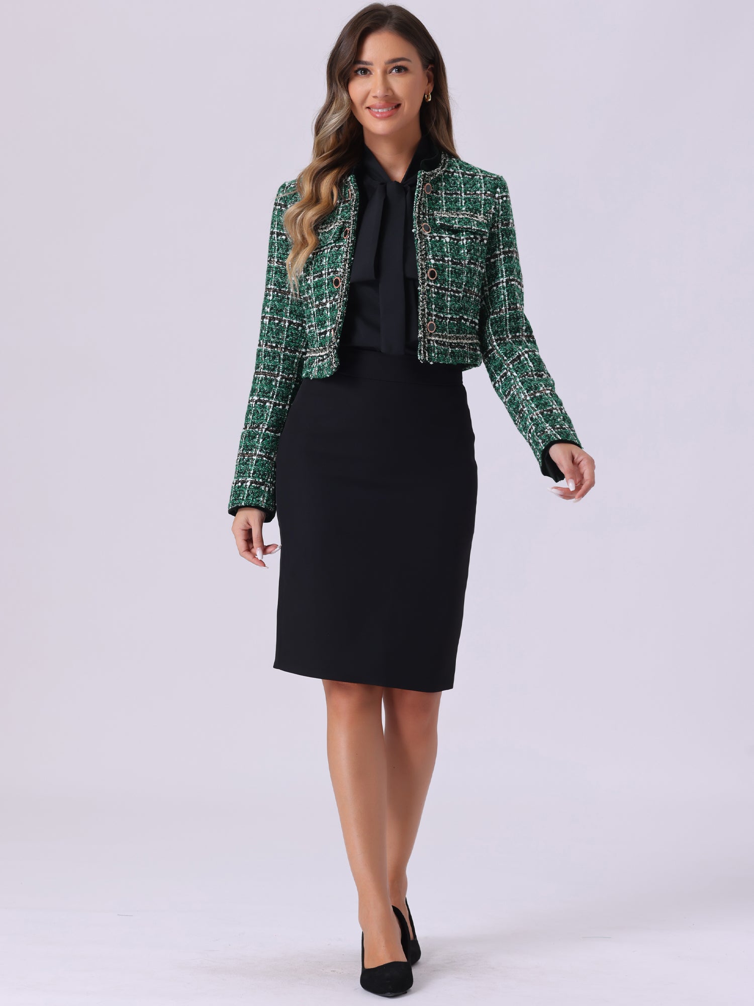 Stand Collar Double Breasted Elegant Plaid Tweed Crop Jacket