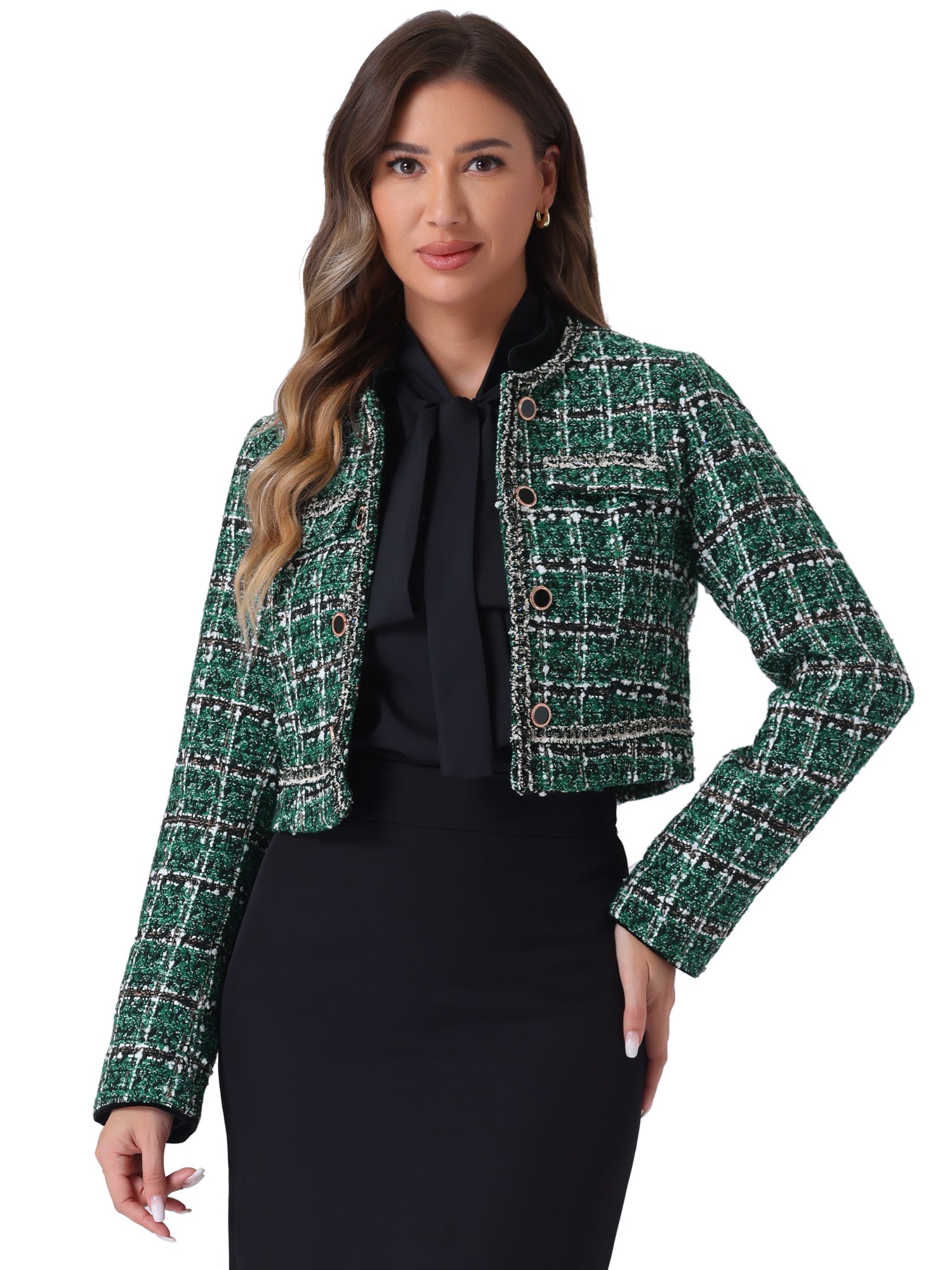 Stand Collar Double Breasted Elegant Plaid Tweed Crop Jacket