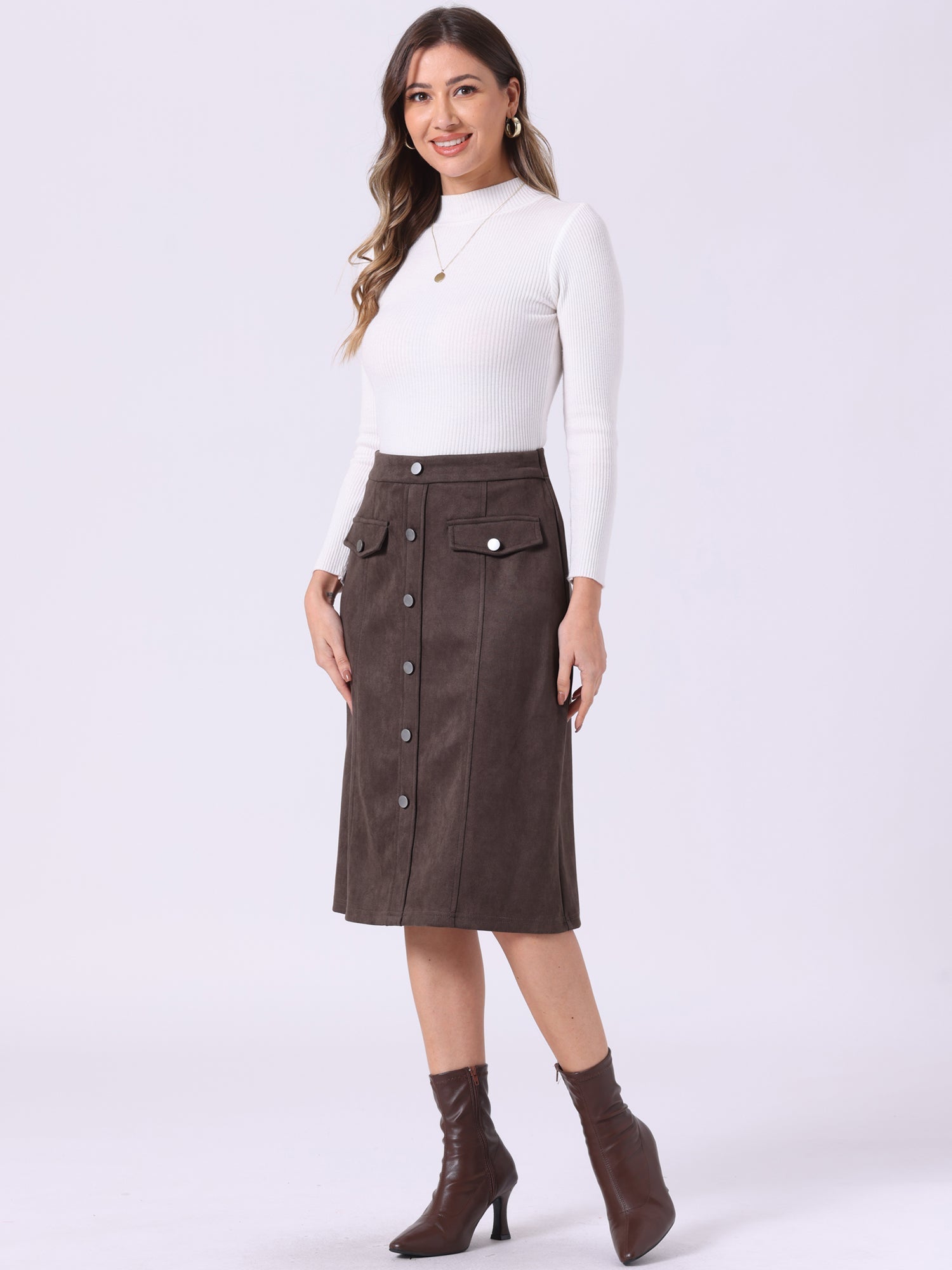 High Waist Faux Suede Knee Length A-Line Skirt