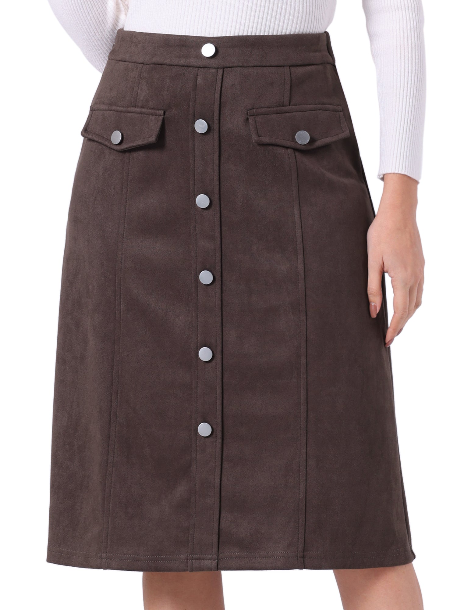 High Waist Faux Suede Knee Length A-Line Skirt