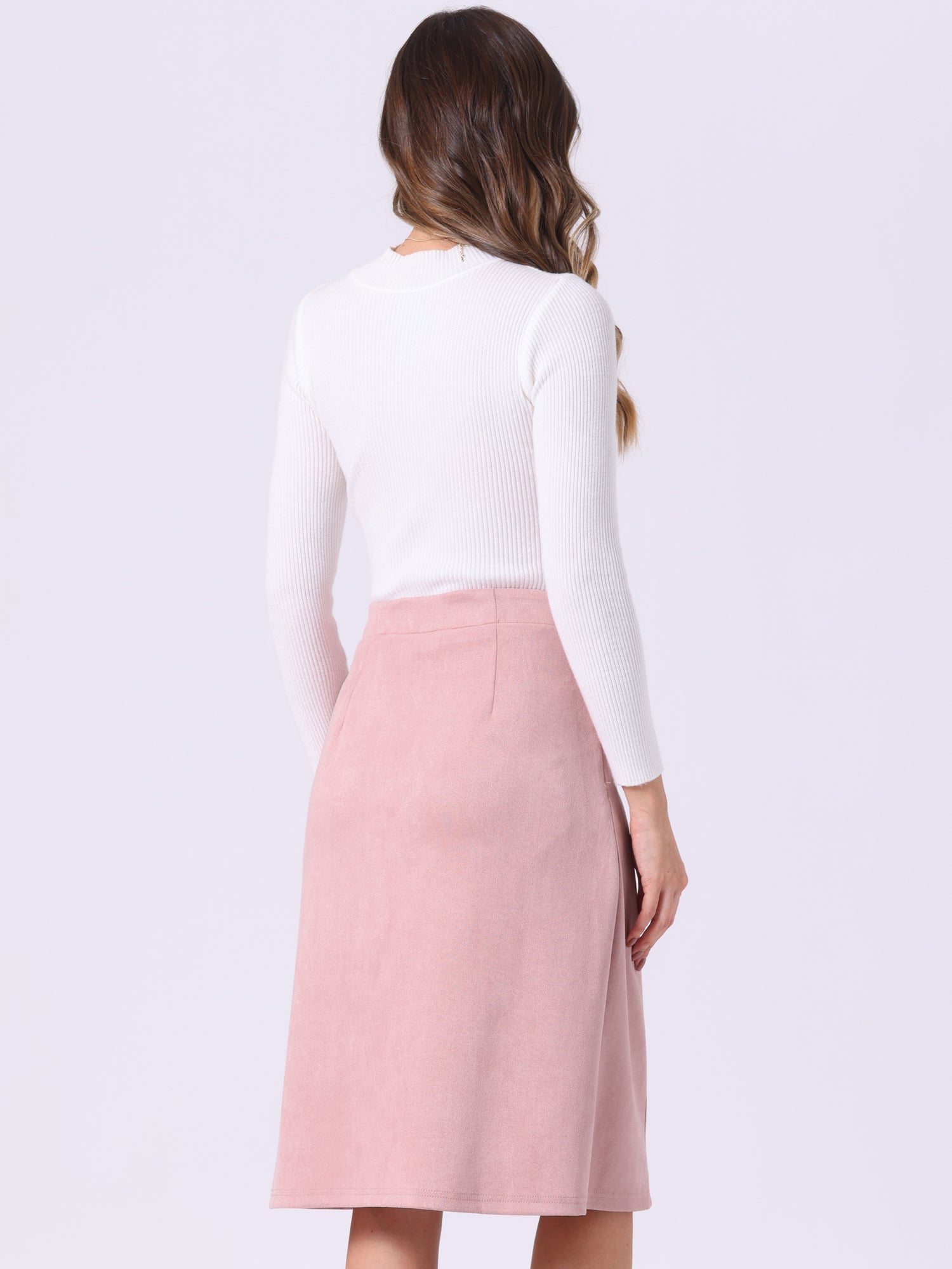 High Waist Faux Suede Knee Length A-Line Skirt