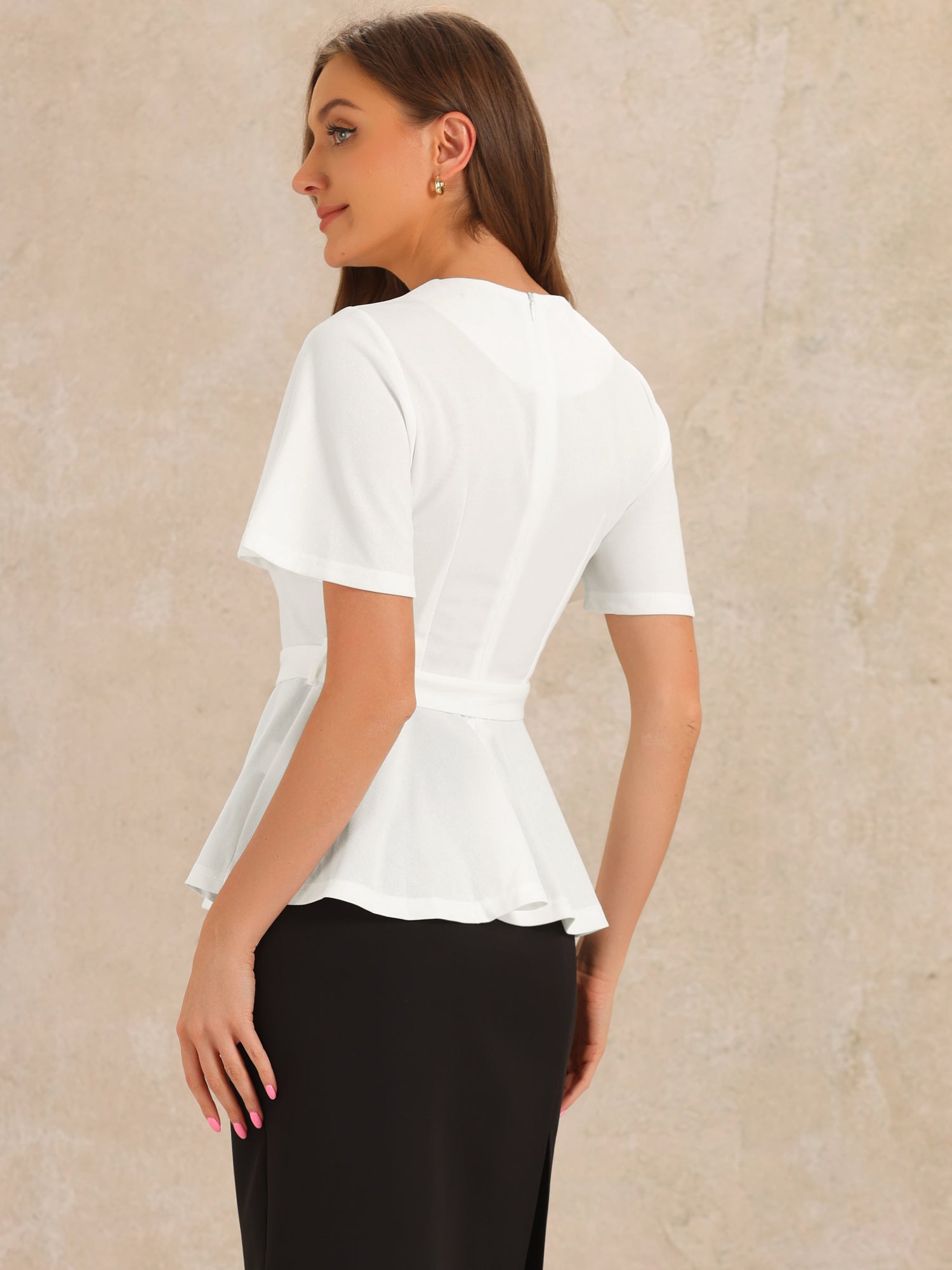 Peplum Round Neck Bell Sleeve Belted Waist Office Blouse